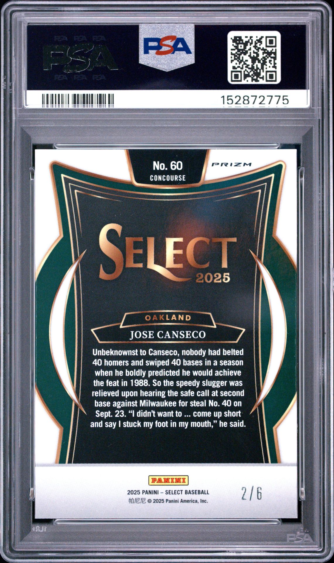 2025 Panini Select Jose Canseco #60 (Mojo Fotl) Gem Mt 10 back view - PSA certificate #152872775