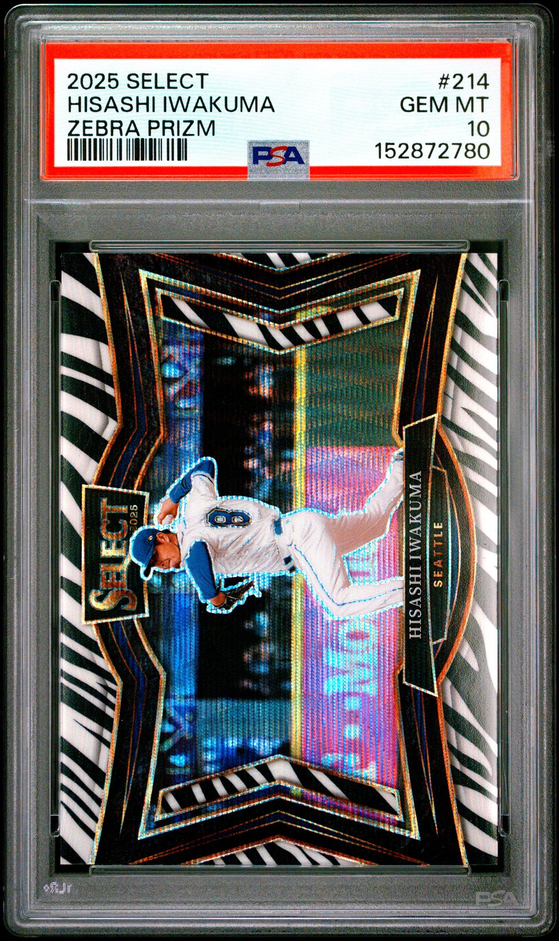 2025 Panini Select Hisashi Iwakuma #214 (Zebra Prizm) Gem Mt 10 front view - PSA graded GEM MT 10