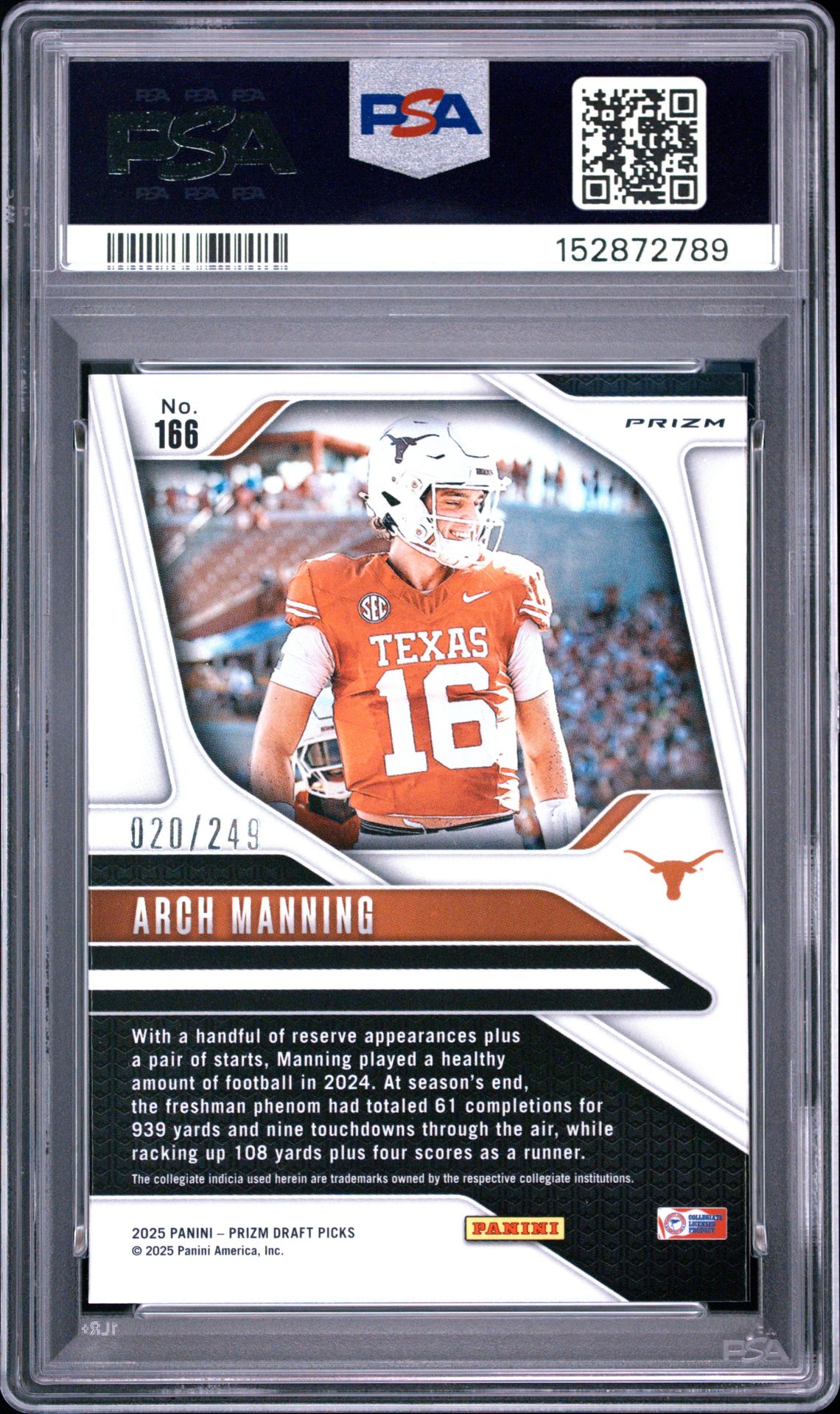 2025 Panini Prizm Draft Picks Arch Manning #166 (Blue Prizm) Nm-Mt 8 back