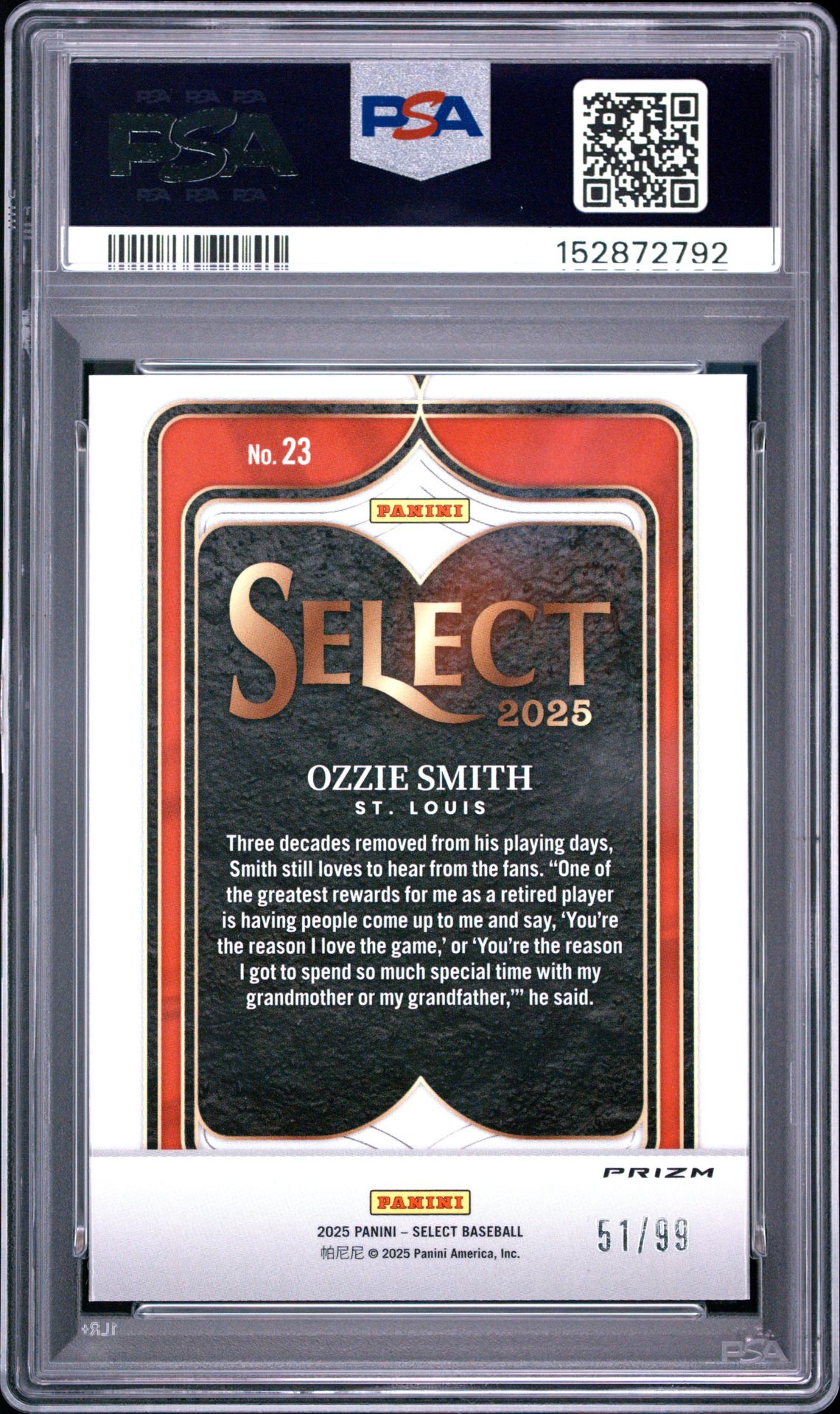 2025 Panini Select Select Numbers Ozzie Smith #23 (Select Numbers-Red Prizm) Mint 9 back