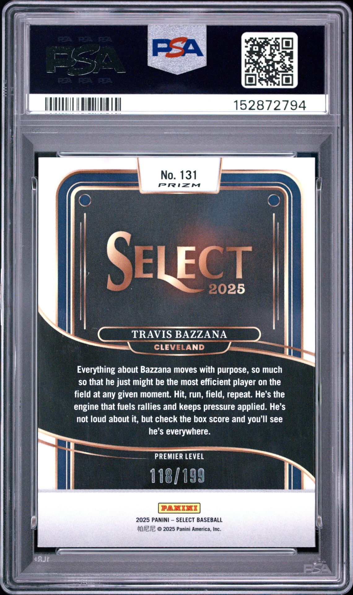 2025 Panini Select Travis Bazzana #131 (Blue Prizm) Mint 9 back