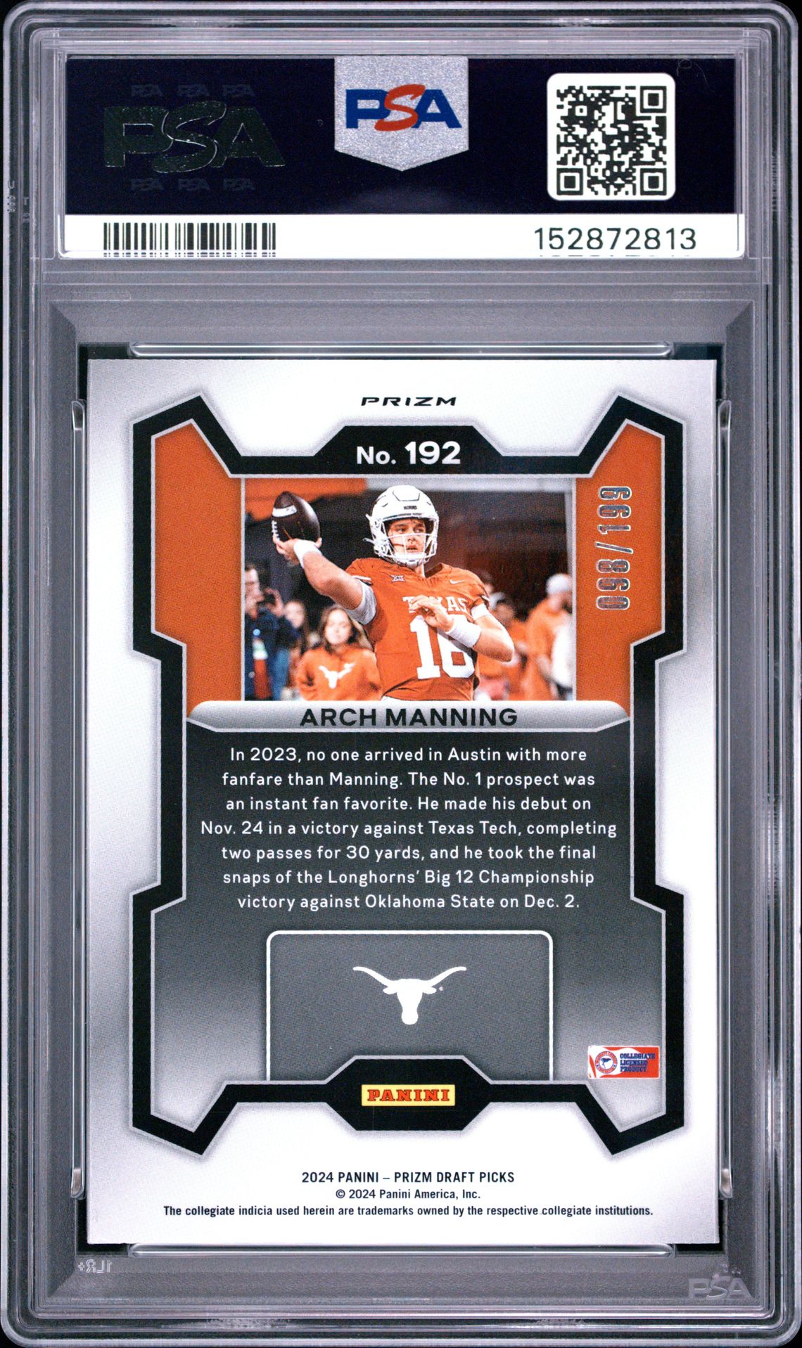 2024 Panini Prizm Draft Picks Arch Manning #192 (Blue Prizm) Nm-Mt 8 back