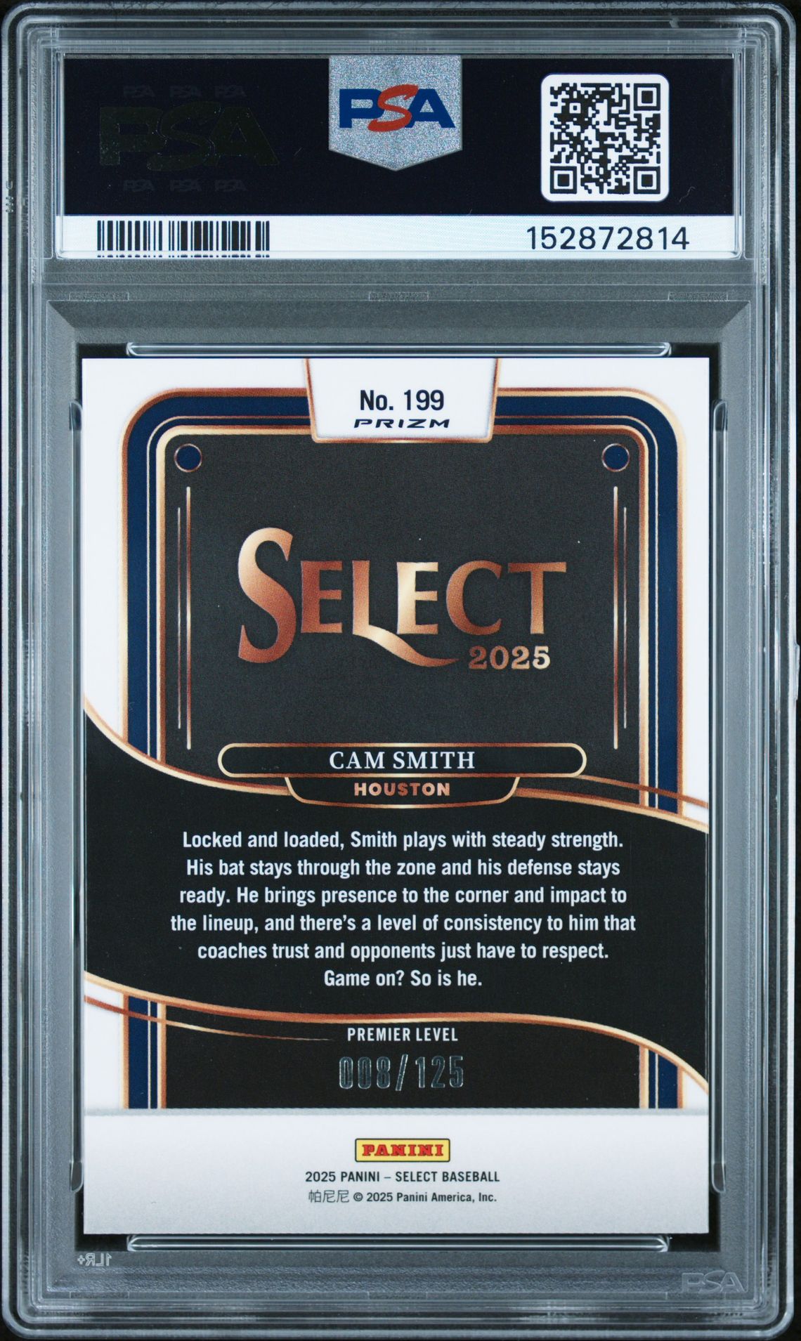 2025 Panini Select Cam Smith #199 (Bronze Prizm) Gem Mt 10 back view - PSA certificate #152872814