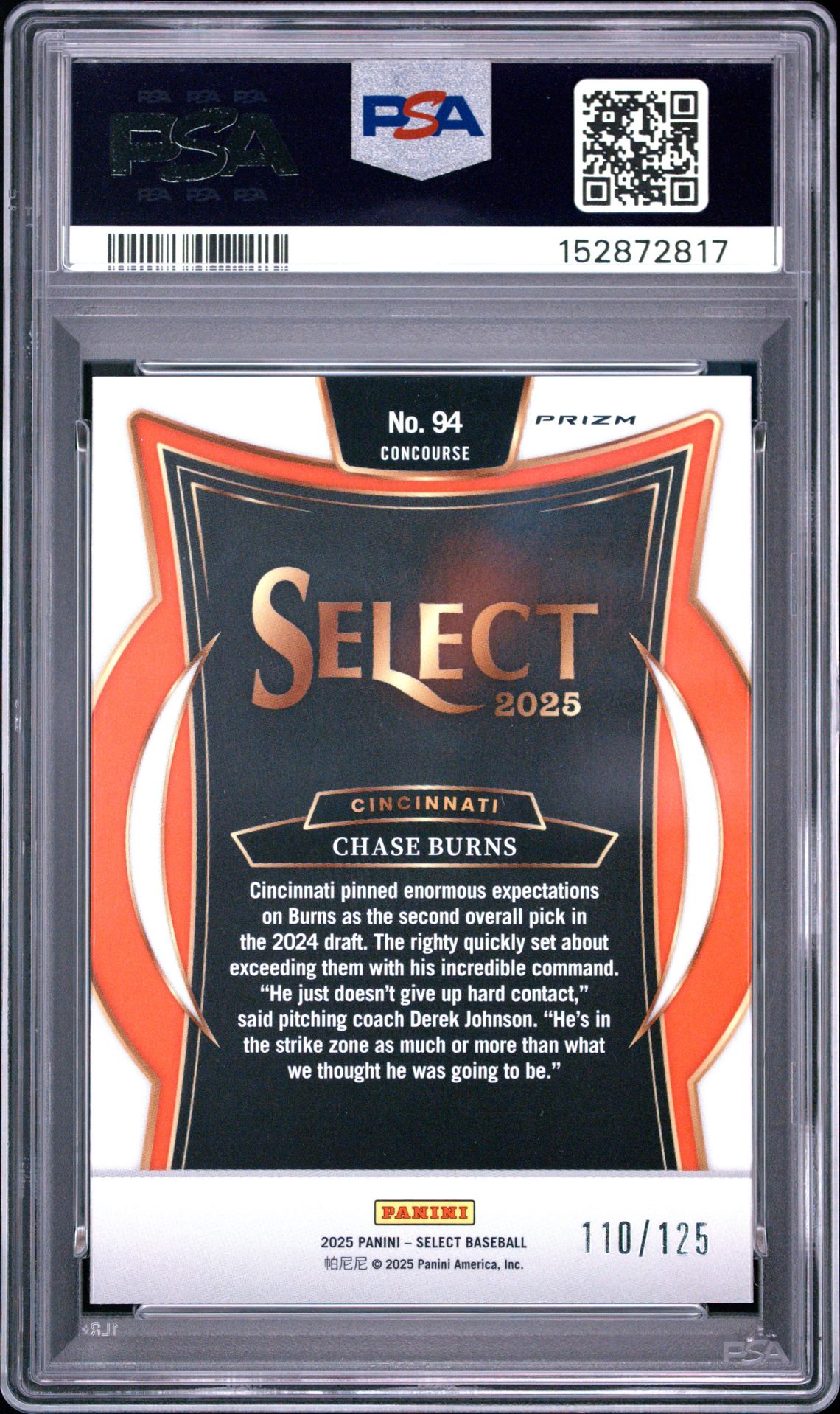 2025 Panini Select Chase Burns #94 (Bronze Prizm) Mint 9 back