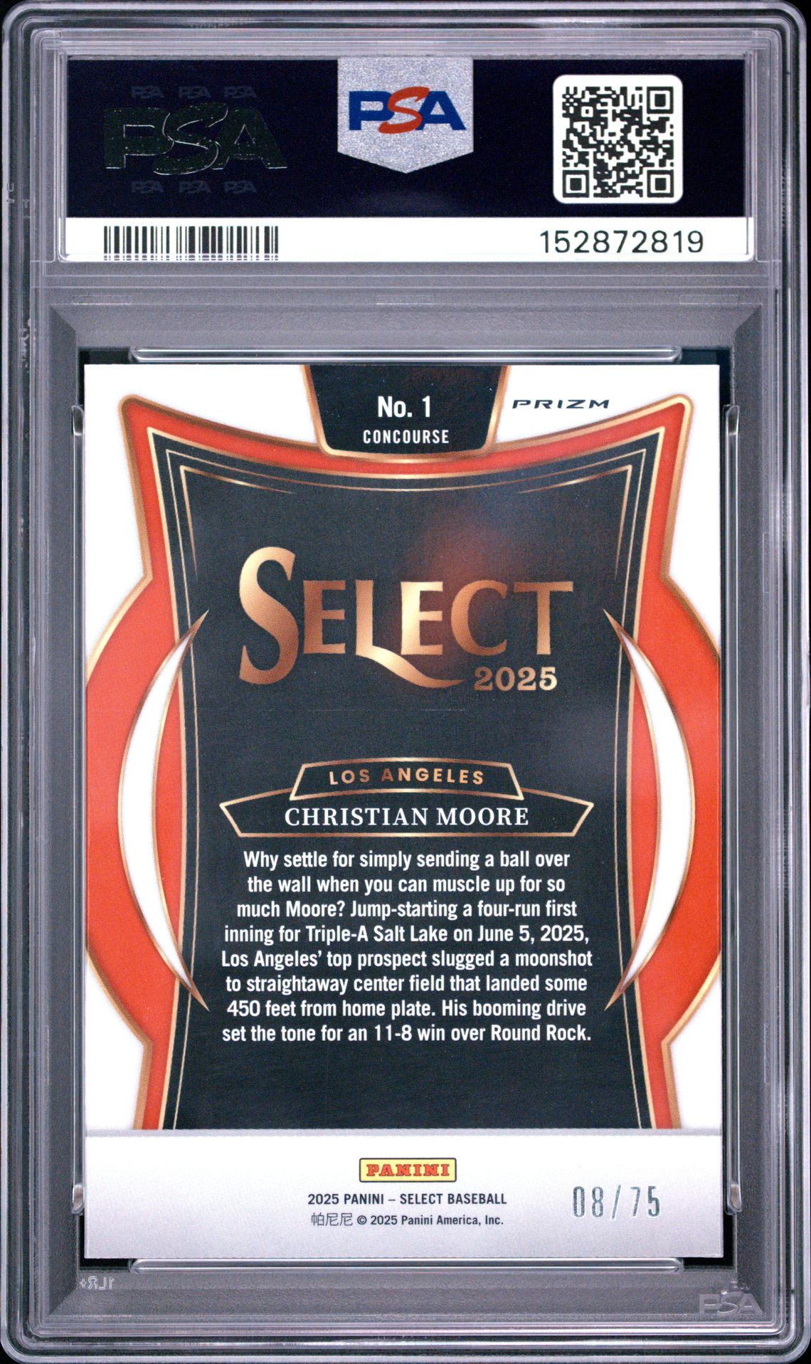 2025 Panini Select Christian Moore #1 (Purple Prizm) Mint 9 back