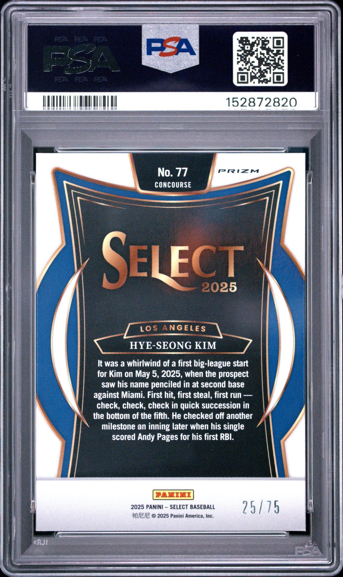 2025 Panini Select Hye-Seong Kim #77 (Purple Prizm) Mint 9 back