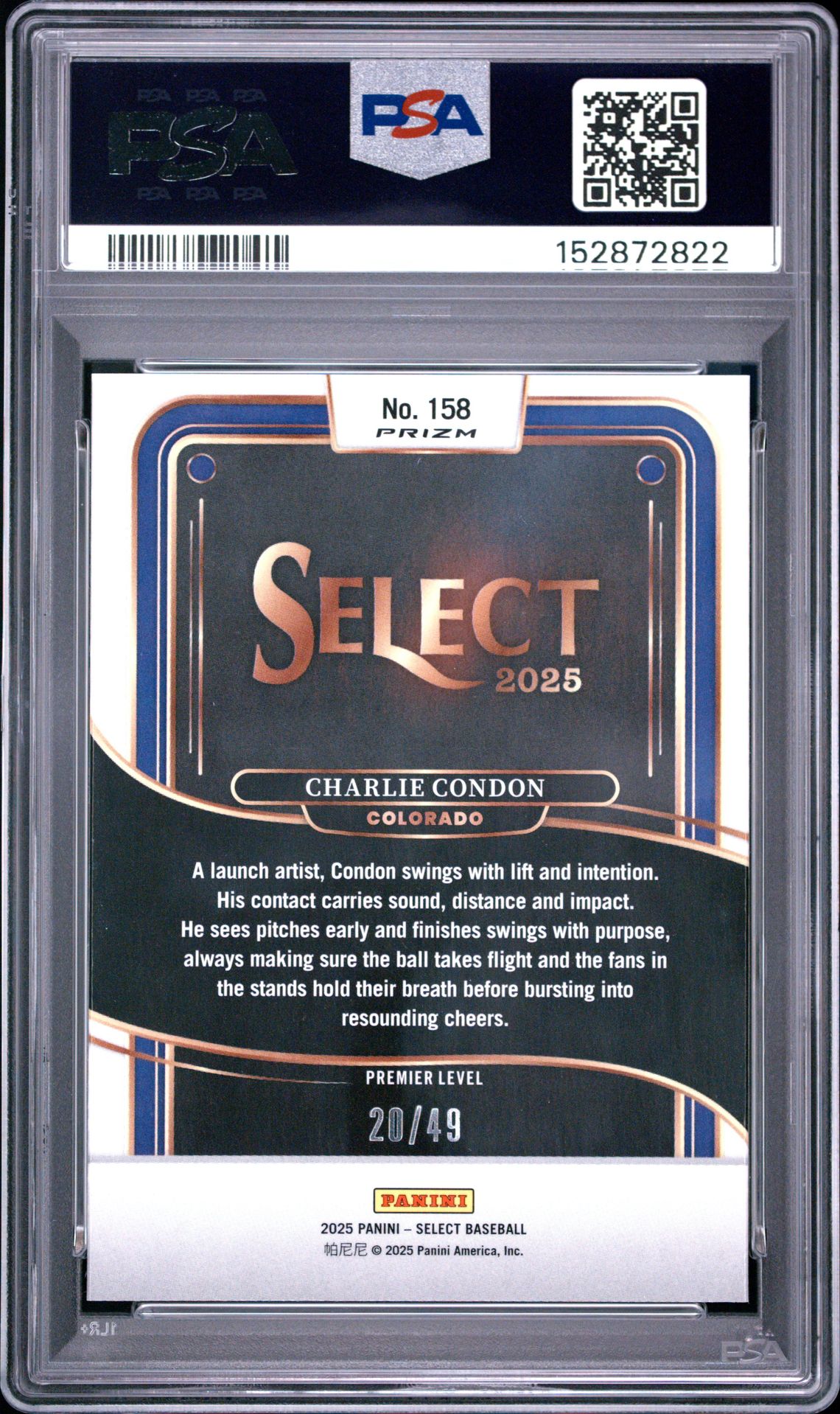 2025 Panini Select Charlie Condon #158 (Orange Prizm) Mint 9 back