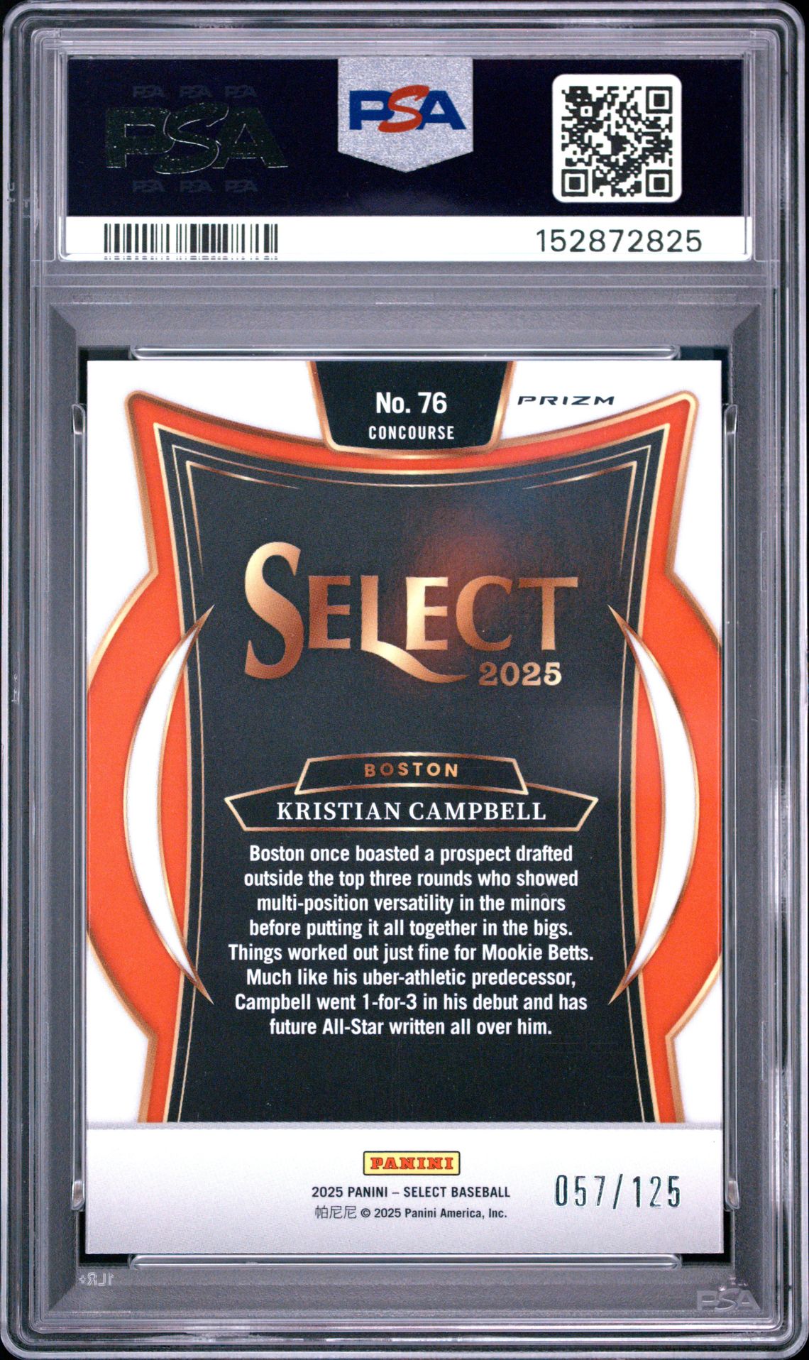 2025 Panini Select Kristian Campbell #76 (Bronze Prizm) Gem Mt 10 back view - PSA certificate #152872825