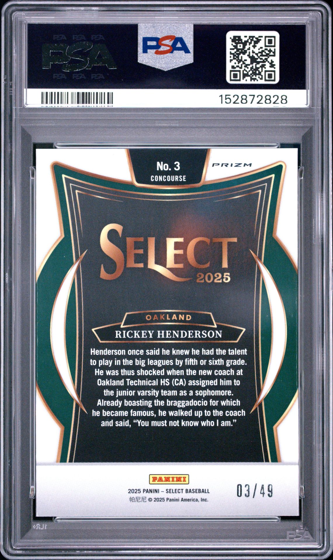 2025 Panini Select Rickey Henderson #3 (Neon Green Prizm) Mint 9 back