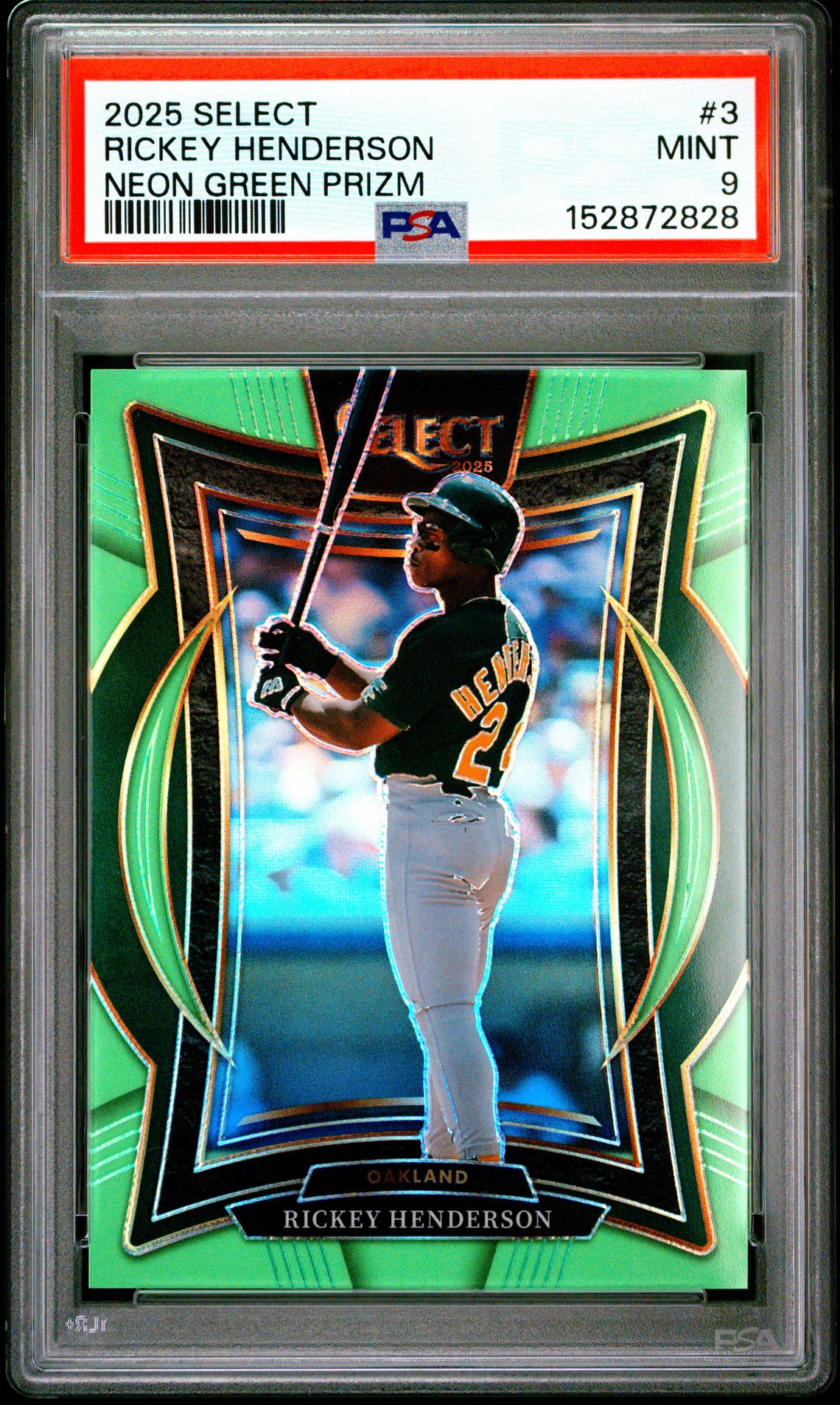 2025 Panini Select Rickey Henderson #3 (Neon Green Prizm) Mint 9 front