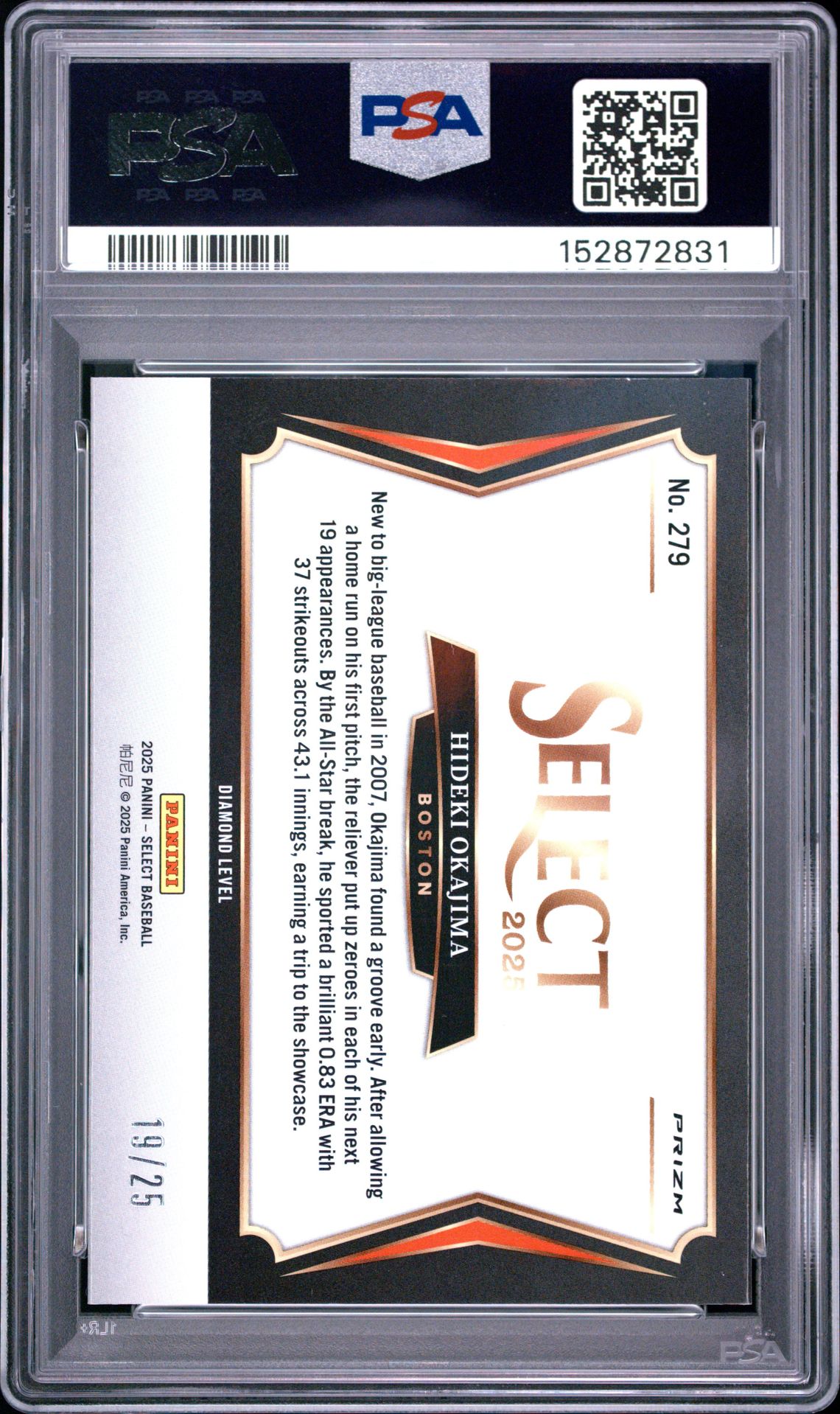 2025 Panini Select Hideki Okajima #279 (Tie-Dye Prizm) Gem Mt 10 back view - PSA certificate #152872831