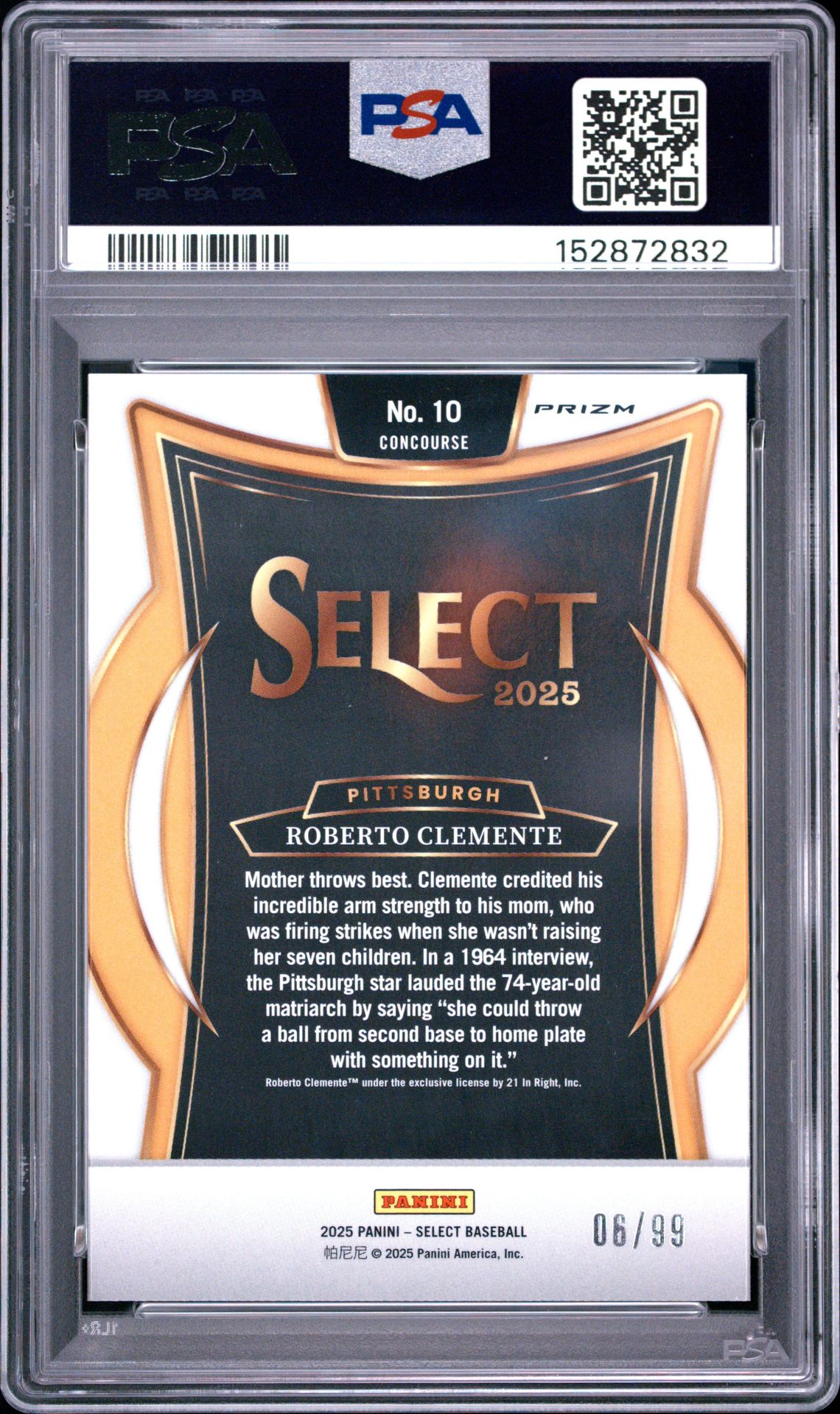 2025 Panini Select Roberto Clemente #10 (White Prizm) Mint 9 back