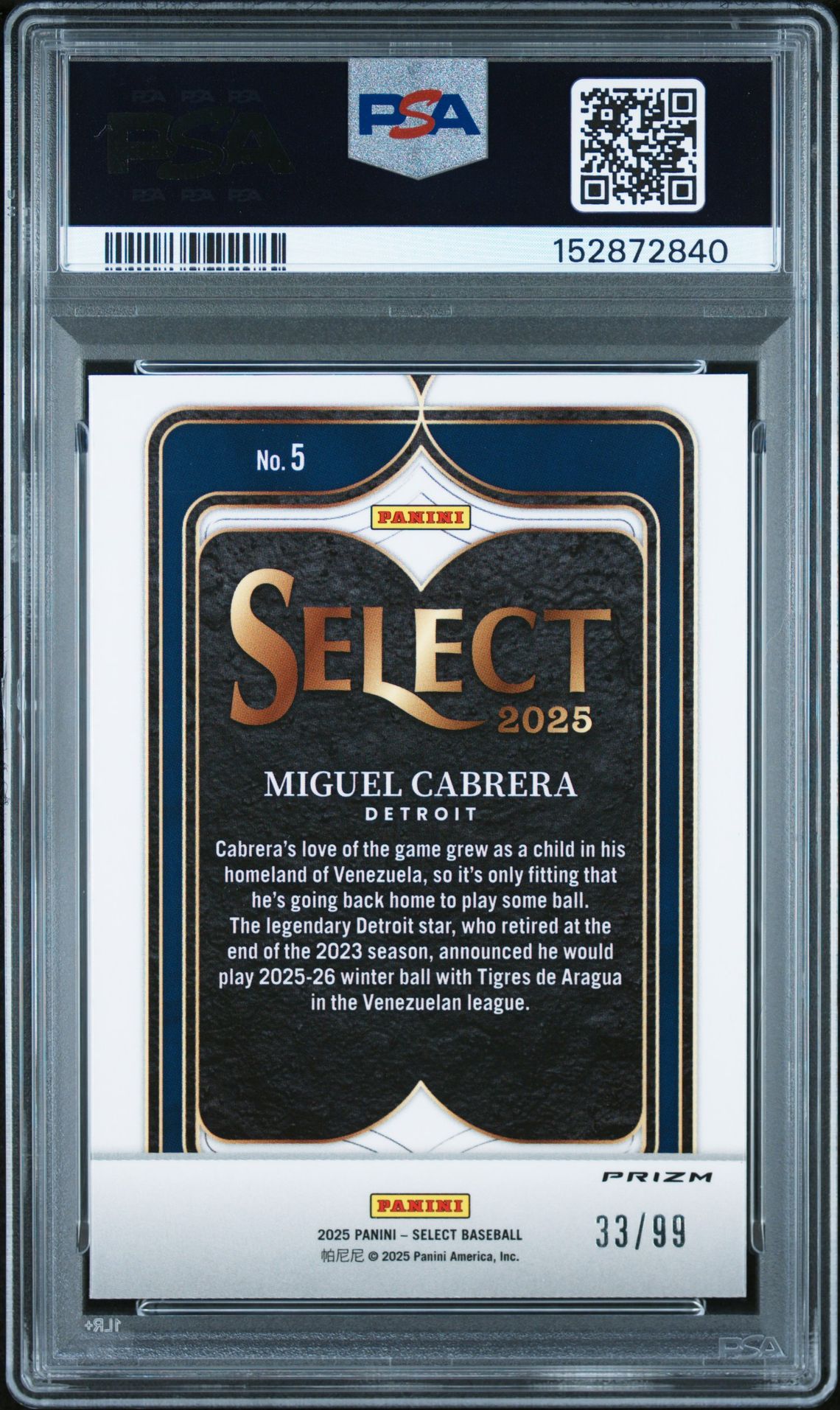 2025 Panini Select Select Numbers Miguel Cabrera #5 (Select Numbers-Red Prizm) Mint 9 back