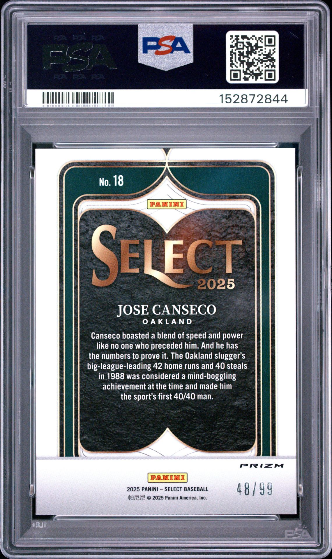 2025 Panini Select Select Numbers Jose Canseco #18 (Select Numbers-Red Prizm) Gem Mt 10 back view - PSA certificate #152872844