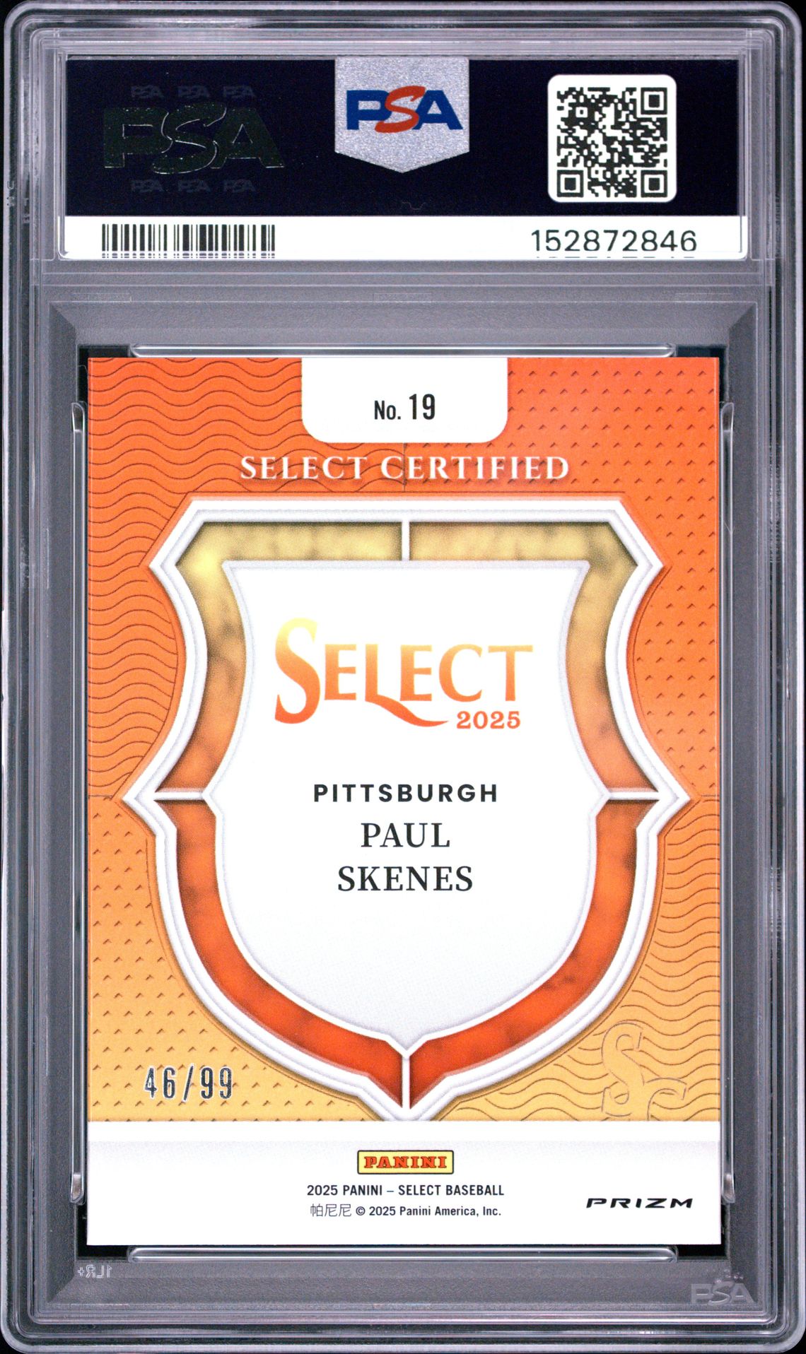2025 Panini Select Select Certified Paul Skenes #19 (Select Certified-Red Prizm) Gem Mt 10 back view - PSA certificate #152872846