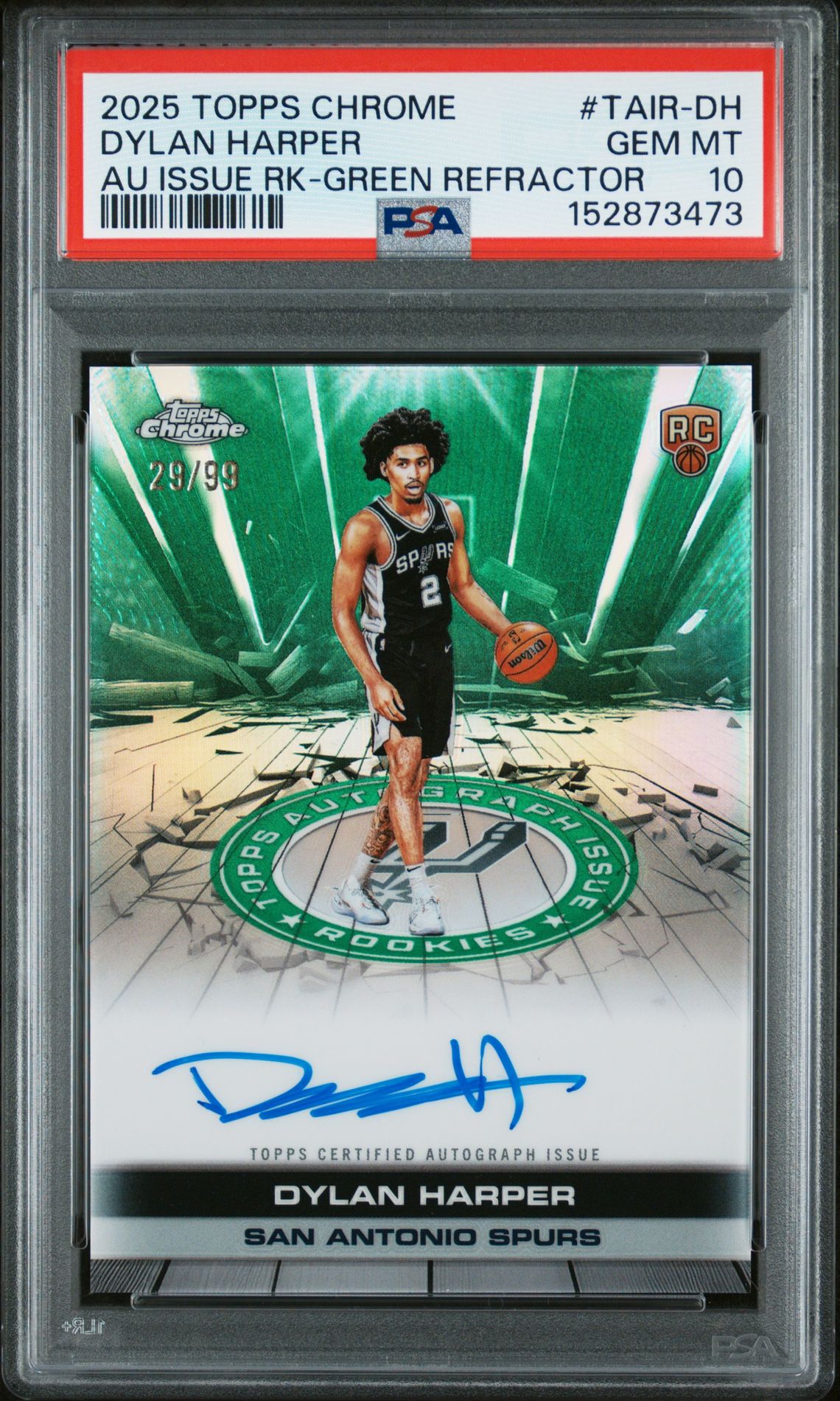 2025 Topps Chrome Autograph Issue Rookies Dylan Harper #Tair-Dh (Au Issue Rk-Green Refractor) Gem Mt 10 front view - PSA graded GEM MT 10