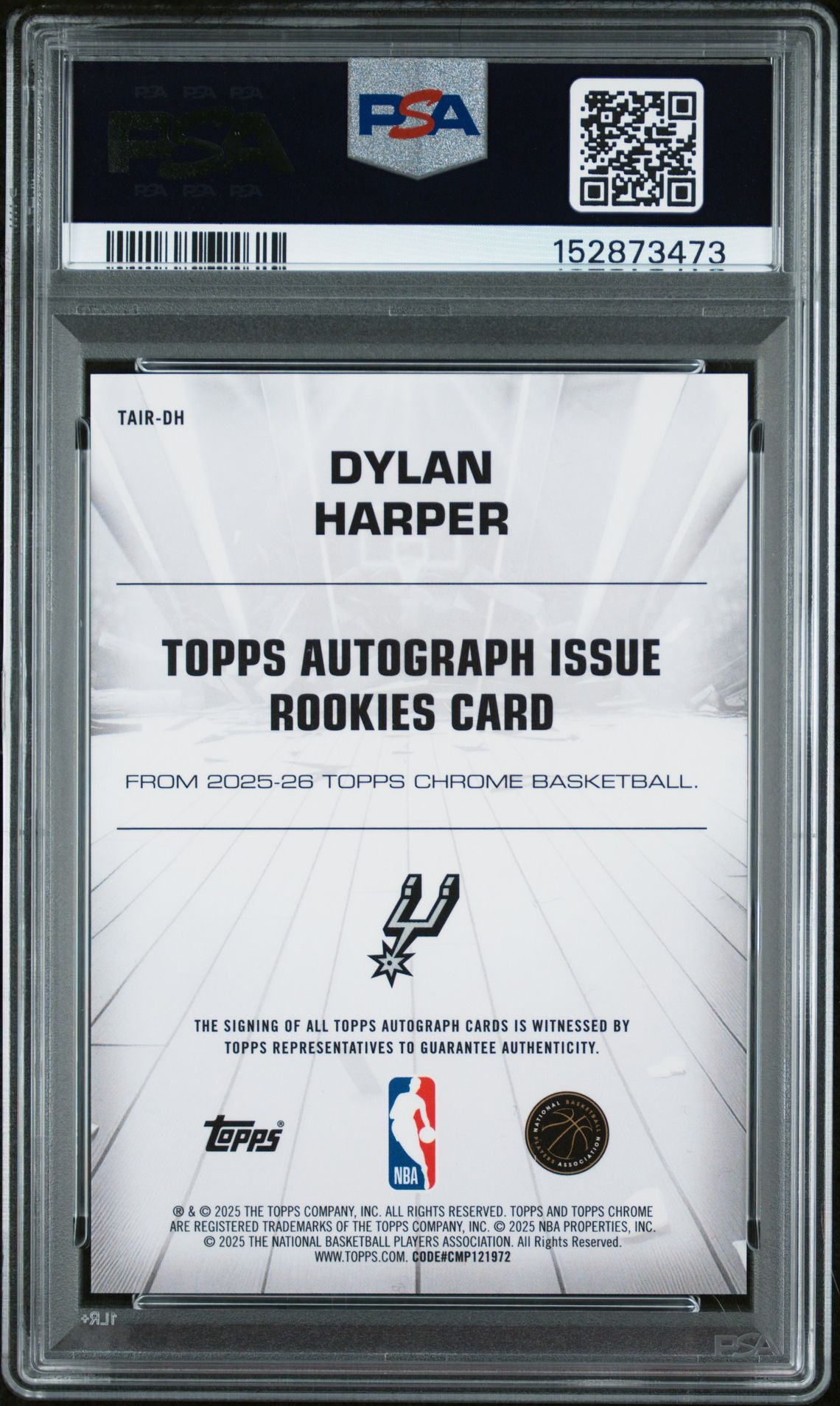 2025 Topps Chrome Autograph Issue Rookies Dylan Harper #Tair-Dh (Au Issue Rk-Green Refractor) Gem Mt 10 back view - PSA certificate #152873473