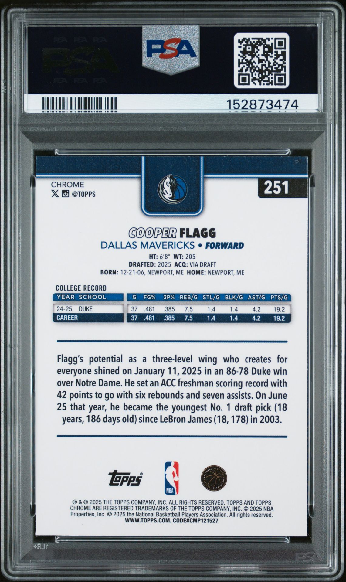 2025 Topps Chrome Cooper Flagg #251 (X-Fractor) Gem Mt 10 back view - PSA certificate #152873474