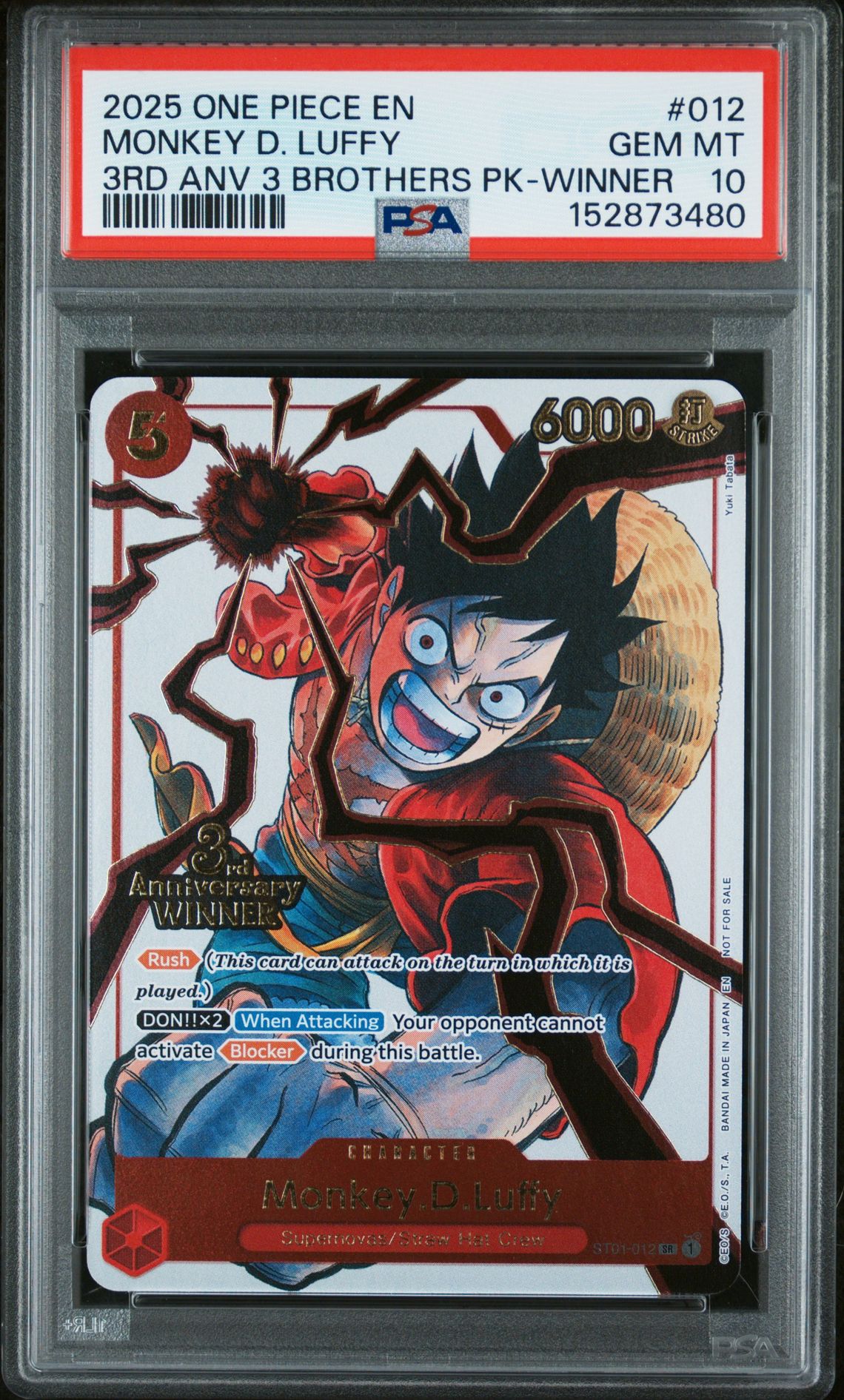 2025 One Piece 3Rd Anniversary Tournament 3 Brothers Pack Monkey D. Luffy #012 (3Rd Anv 3 Brothers Pk-Winner) Gem Mt 10 front