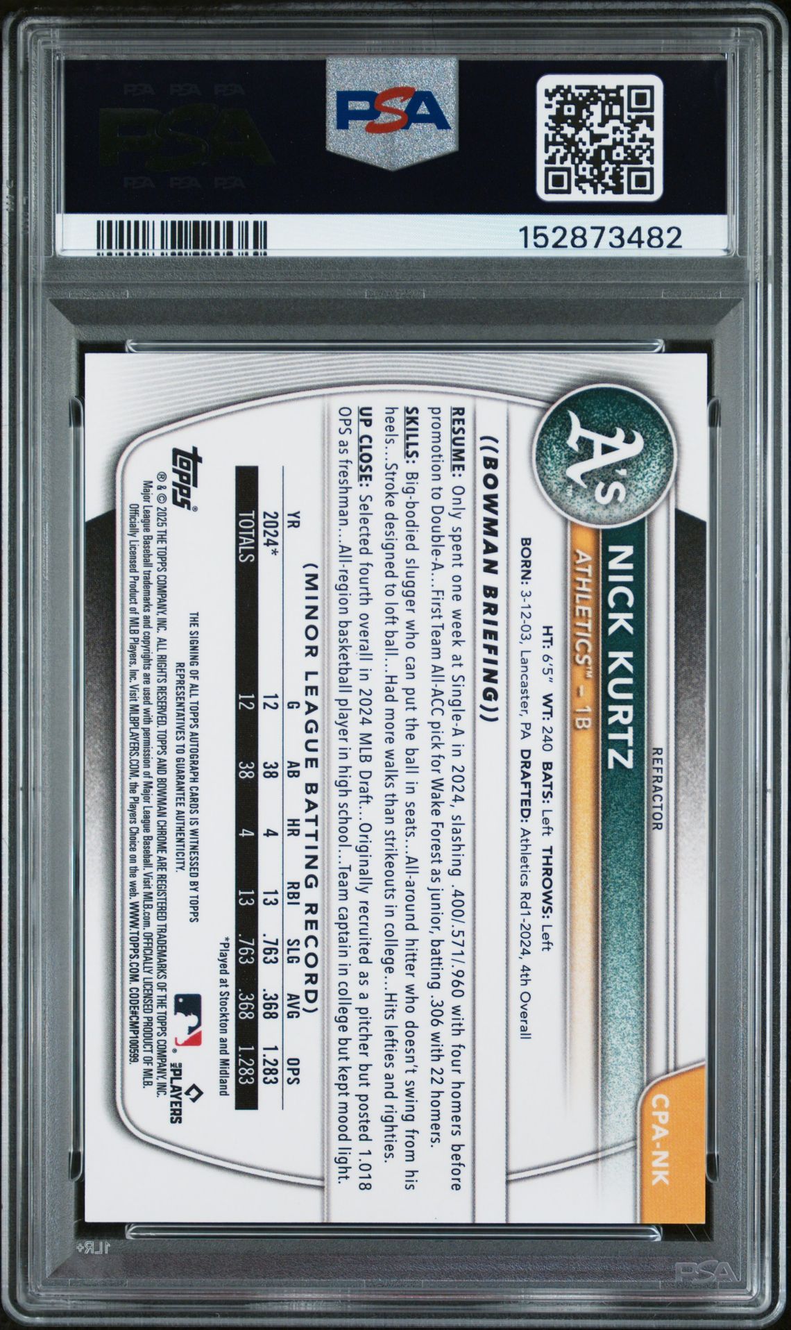 2025 Bowman Chrome Prospect Autographs Nick Kurtz #Cpank (Chrome Prospect Auto-Ref) Mint 9 back