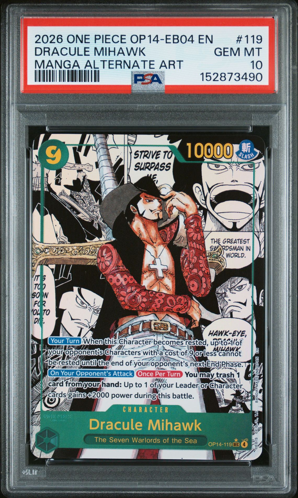 2026 One Piece Op14-Eb04-The Azure Sea's Seven Dracule Mihawk #119 (Manga Alternate Art) Gem Mt 10 front