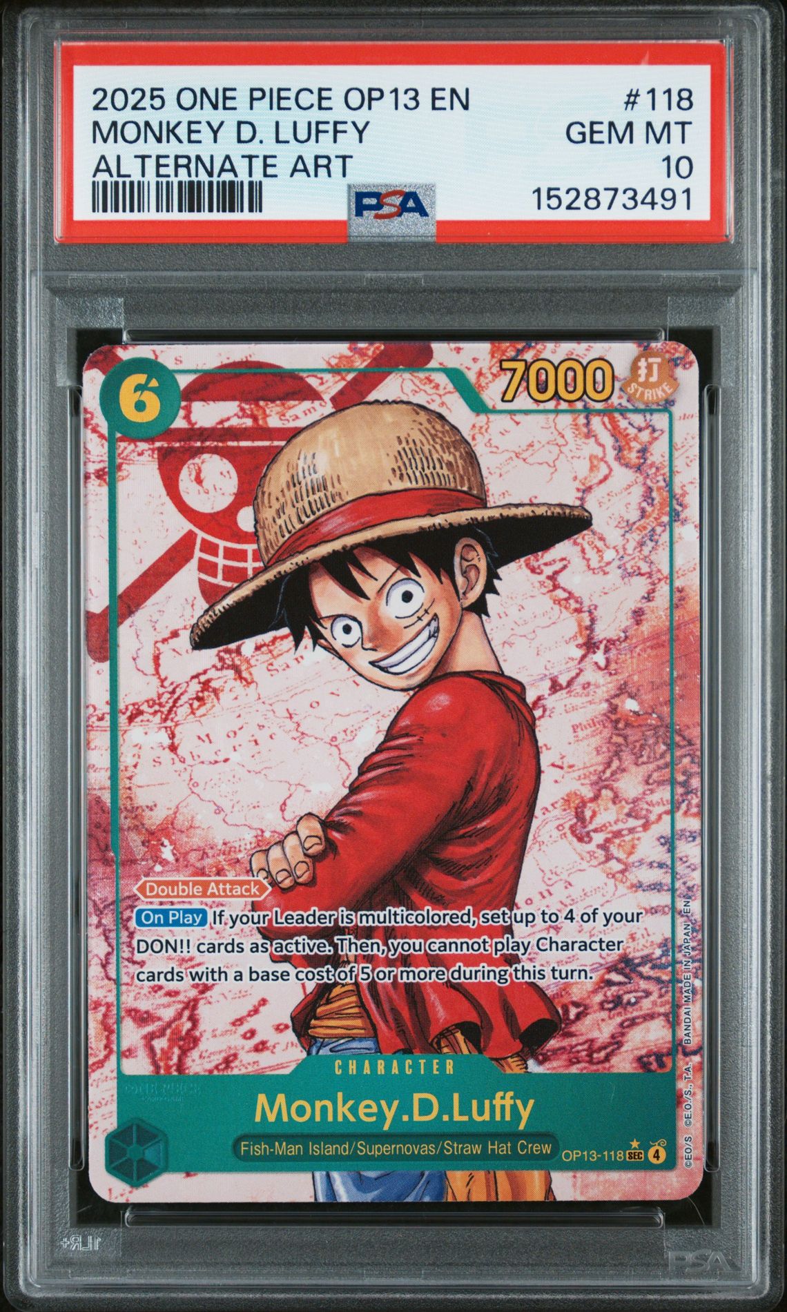 2025 One Piece Op13-Carrying On His Will Monkey D. Luffy #118 (Alternate Art) Gem Mt 10 front