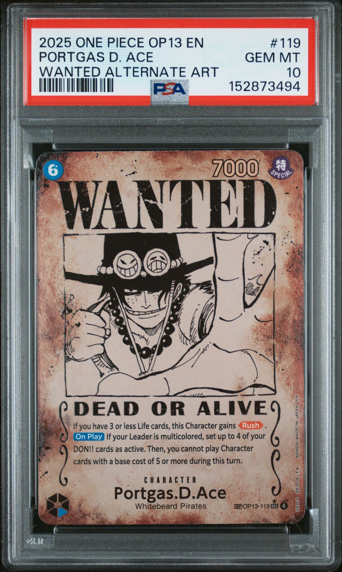 2025 One Piece Op13-Carrying On His Will Portgas D. Ace #119 (Wanted Alternate Art) Gem Mt 10 front