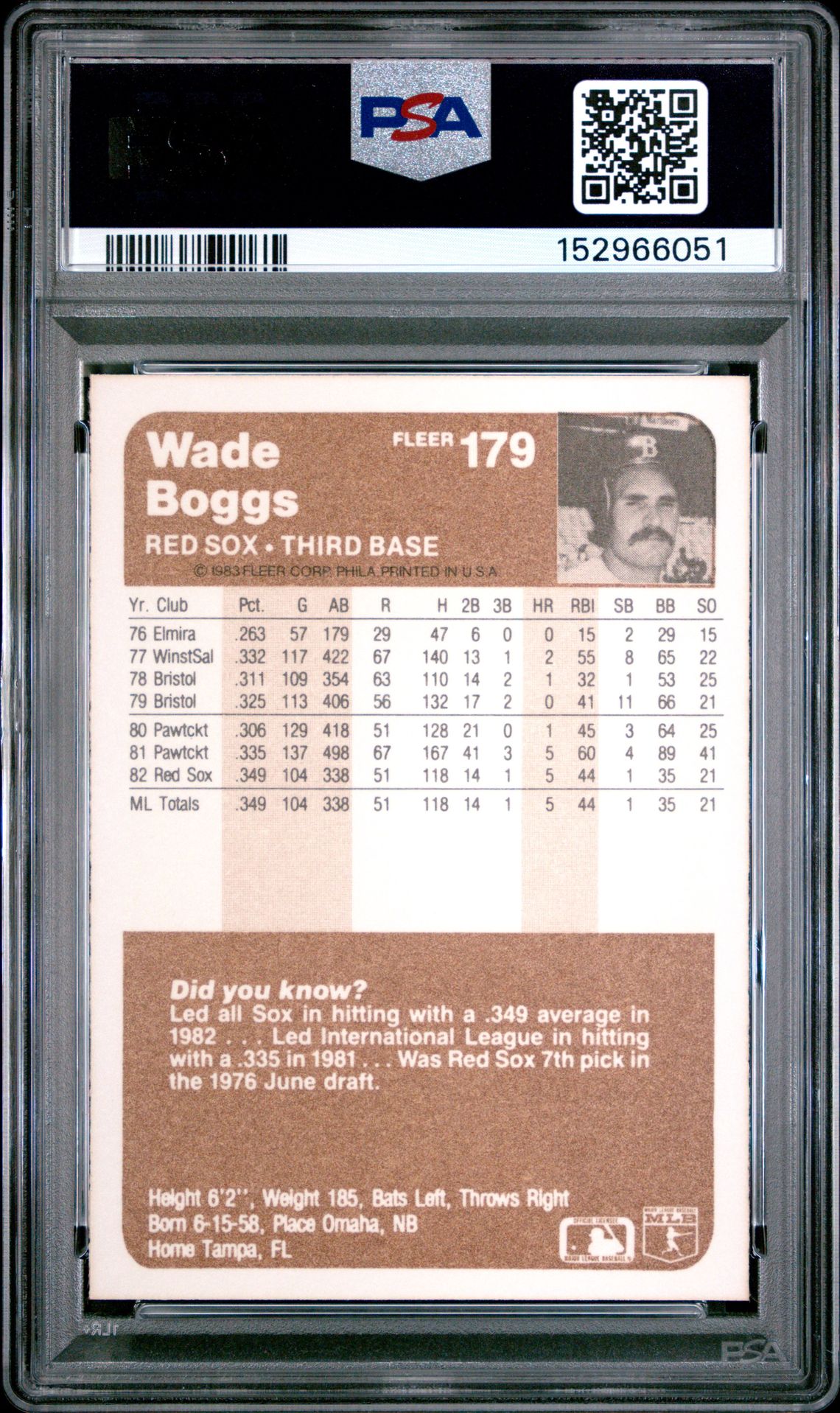 1983 Fleer Wade Boggs #179 Nm-Mt 8 back
