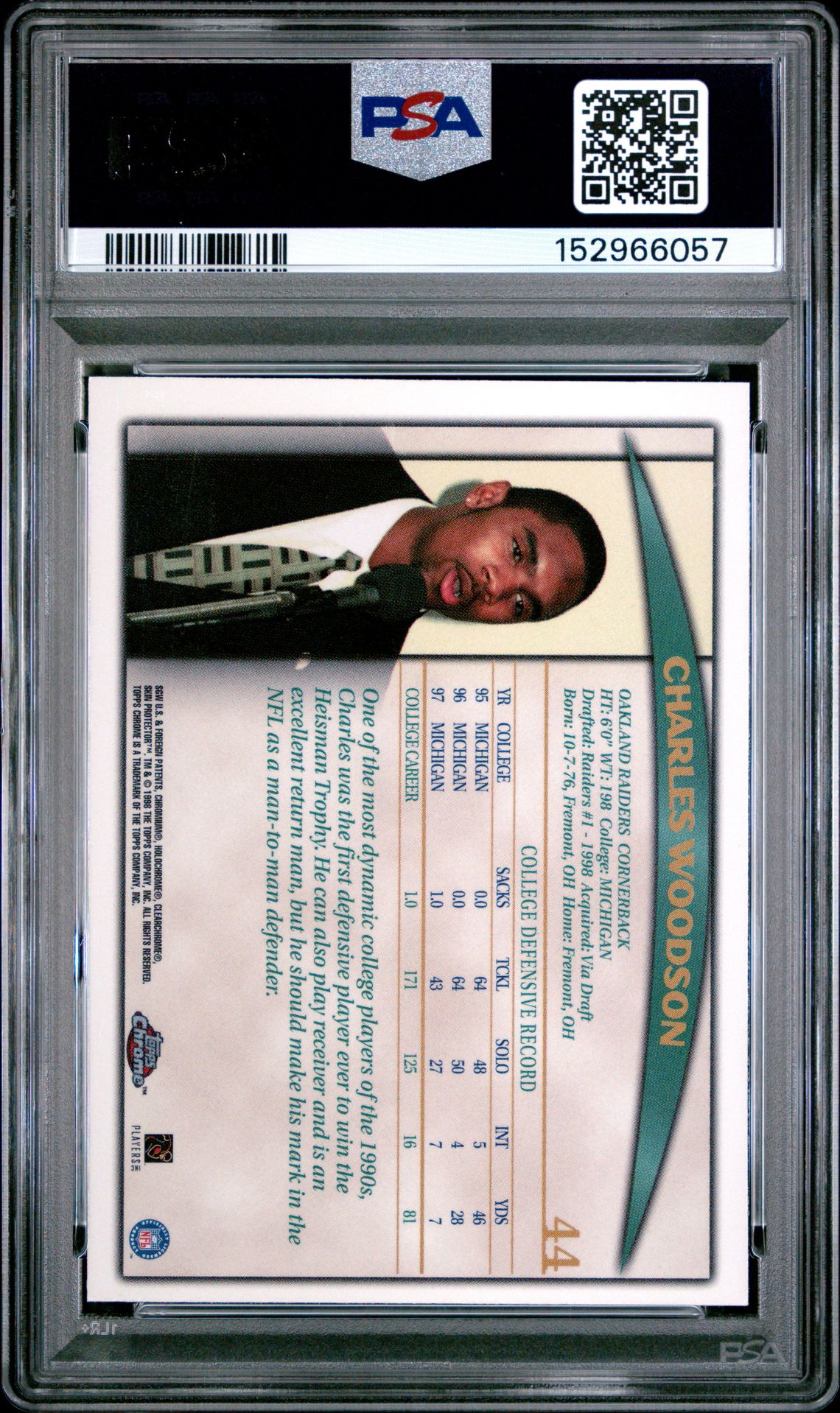 1998 Topps Chrome Charles Woodson #44 Nm-Mt 8 back