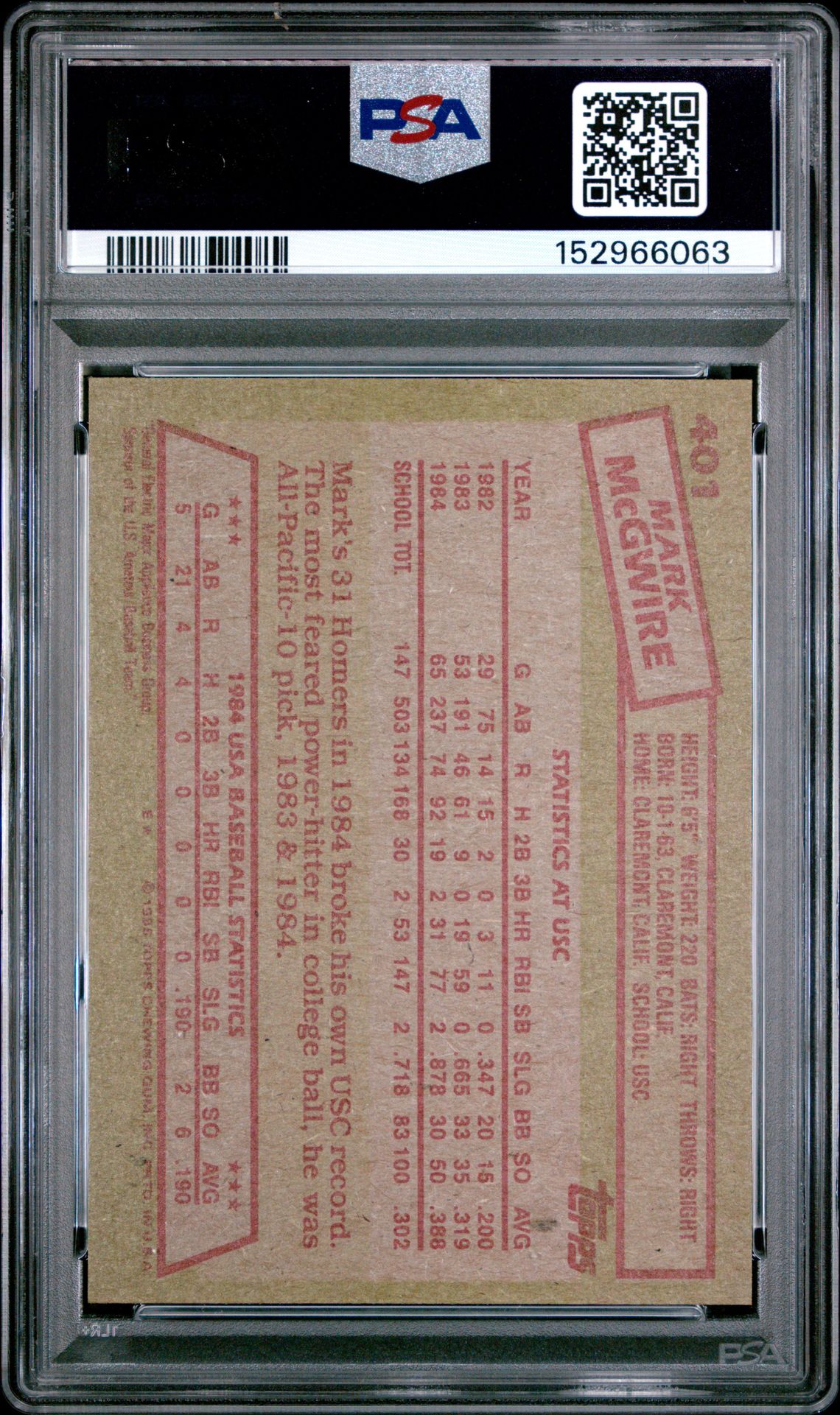 1985 Topps Mark Mcgwire #401 (1984 Usa Baseball Team) Nm 7 back