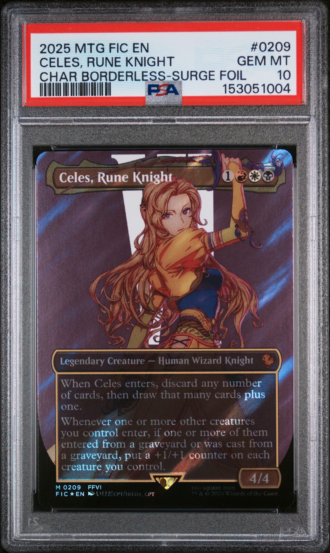 2025 MTG MAGIC THE GATHERING FINAL FANTASY COMMANDER CHAR BORDERLESS-SURGE FOIL #0209 Celes, Rune Knight front