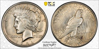 1921 $1 High Relief, Peace AU55