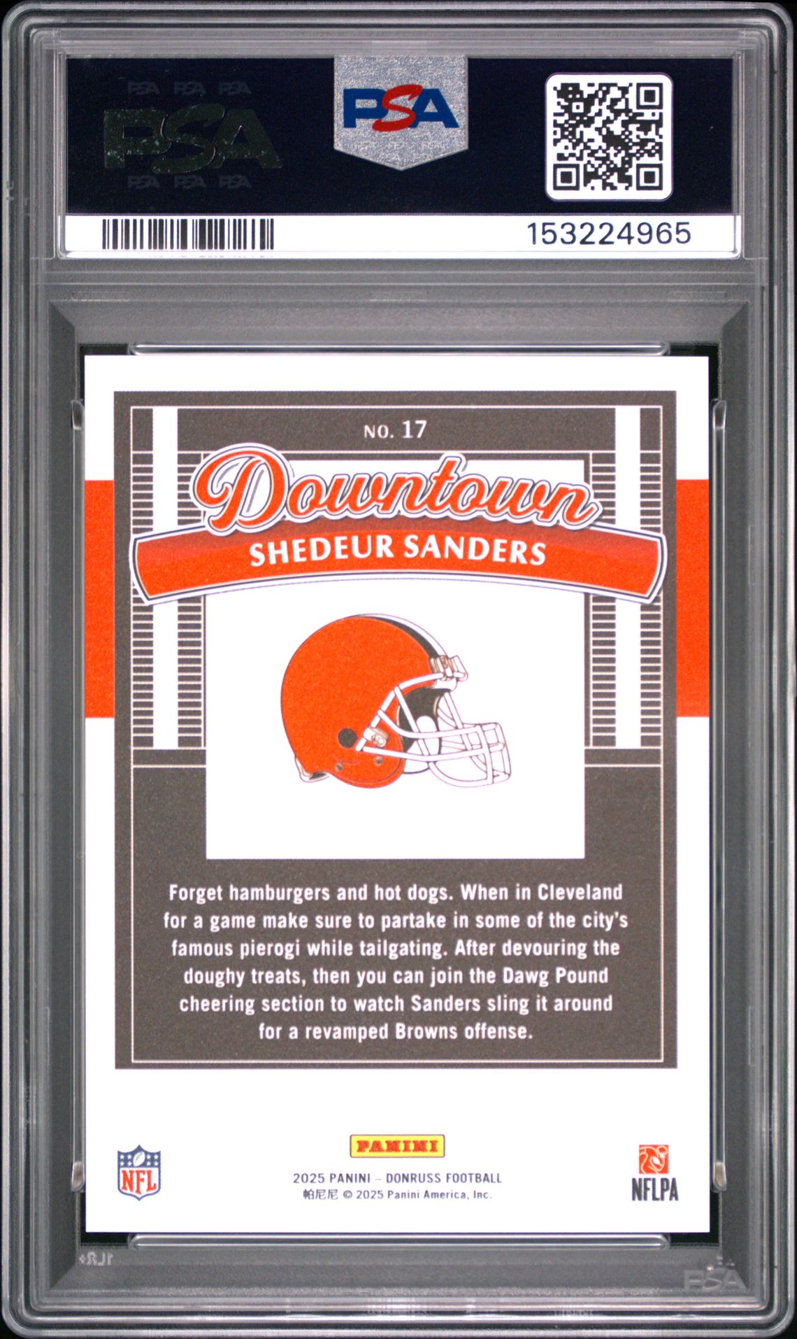 2025 Panini Donruss Downtown Shedeur Sanders #17 Gem Mt 10 back view - PSA certificate #153224965