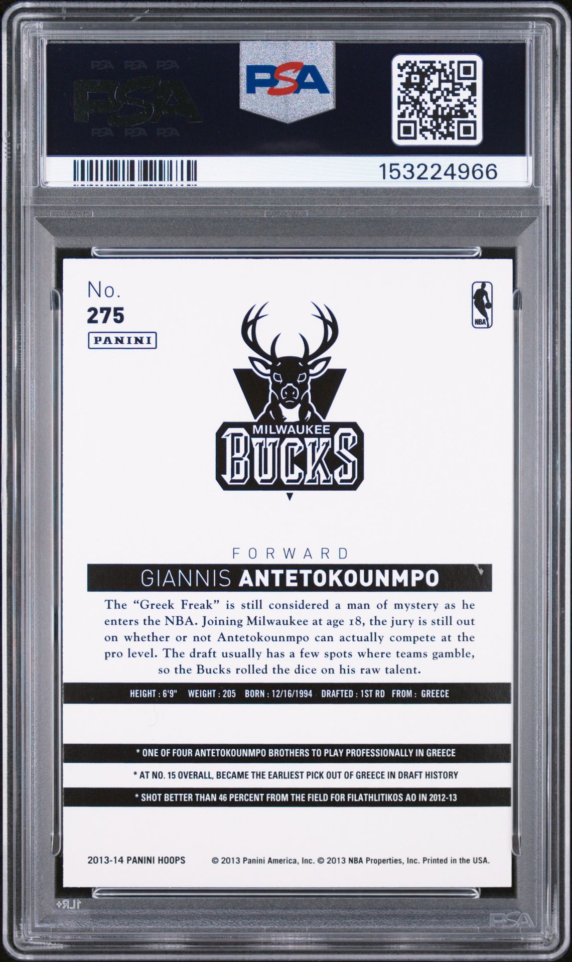 2013 Panini Hoops G.antetokounmpo #275 (Gold) Mint 9 back