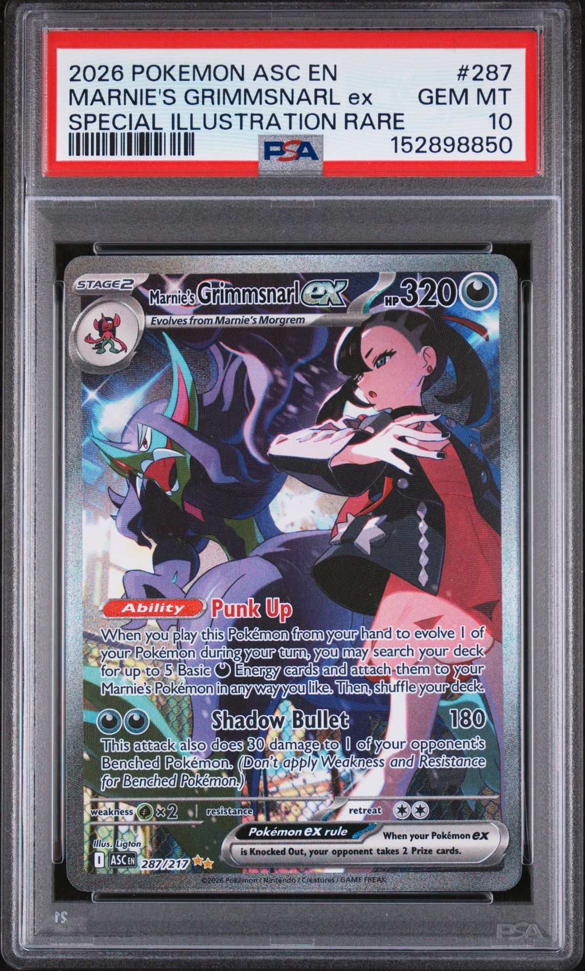 2026 Pokemon Asc En-Ascended Heroes Marnie's Grimmsnarl Ex #287 (Special Illustration Rare) Gem Mt 10 front view - PSA graded GEM MT 10