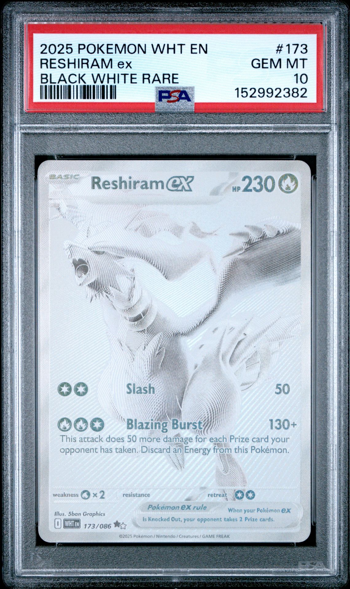 2025 Pokemon Wht En-White Flare Reshiram Ex #173 (Black White Rare) Gem Mt 10 front view - PSA graded GEM MT 10
