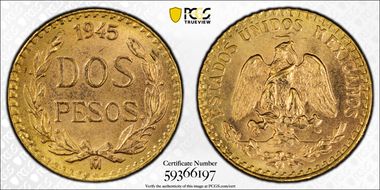 1945-Mo 2 Peso KM-461  Au MS66