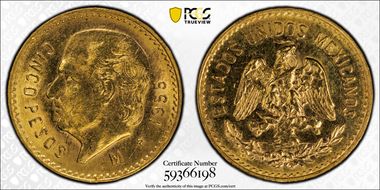 1955-M 5 Peso KM-464  Au MS64