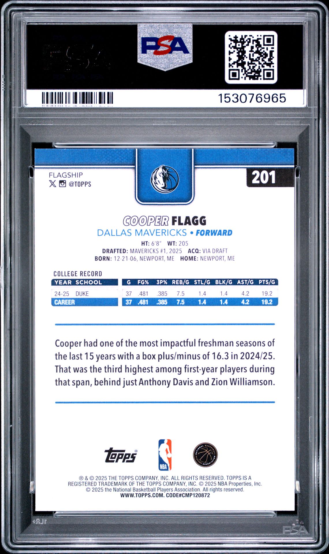 2025 Topps Cooper Flagg #201 Mint 9 back