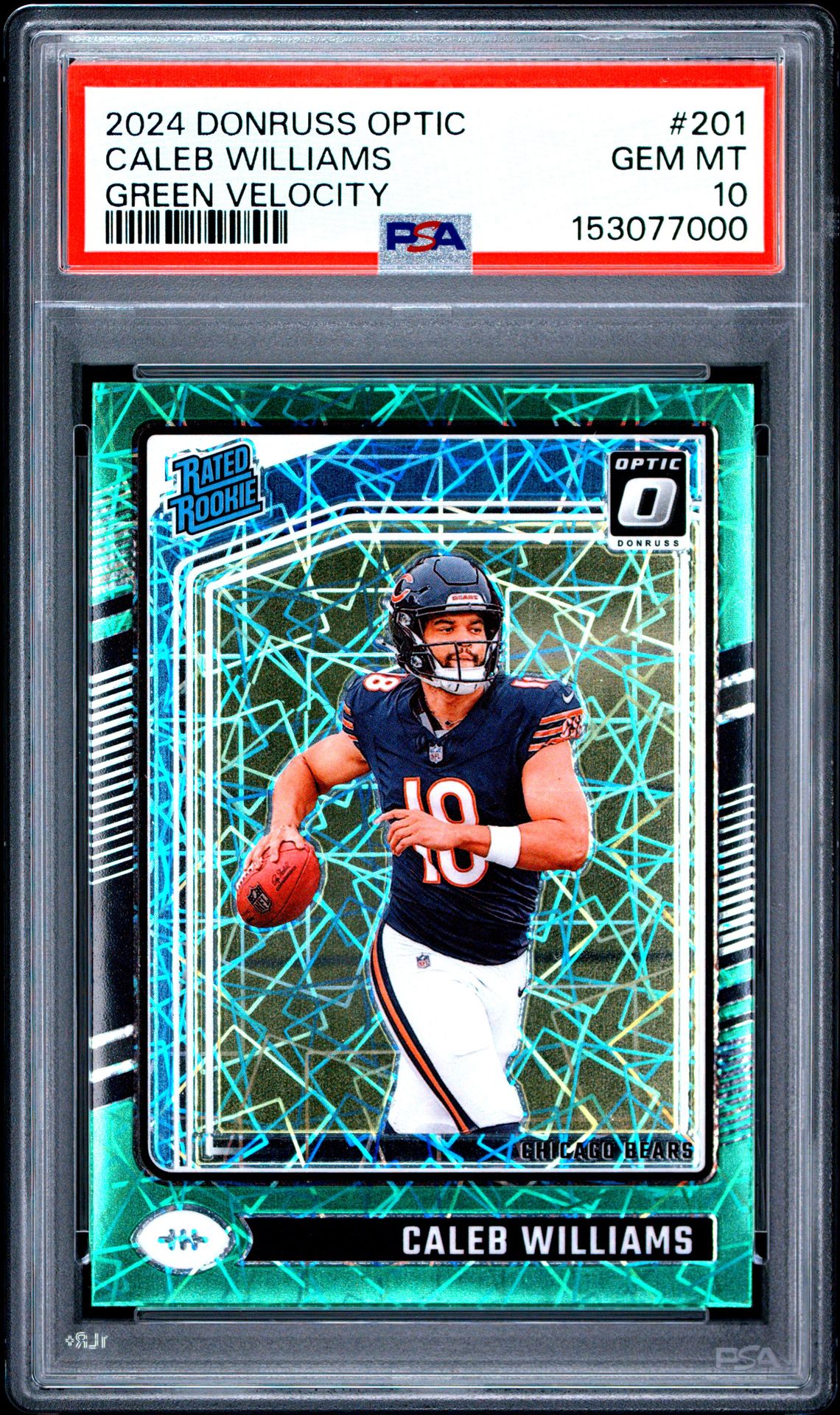 2024 Panini Donruss Optic Caleb Williams #201 (Green Velocity) Gem Mt 10 front view - PSA graded GEM MT 10
