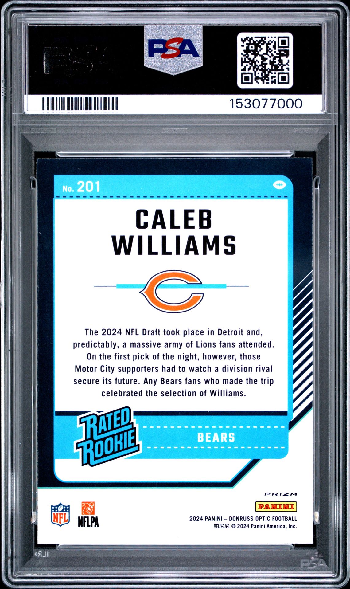 2024 Panini Donruss Optic Caleb Williams #201 (Green Velocity) Gem Mt 10 back view - PSA certificate #153077000