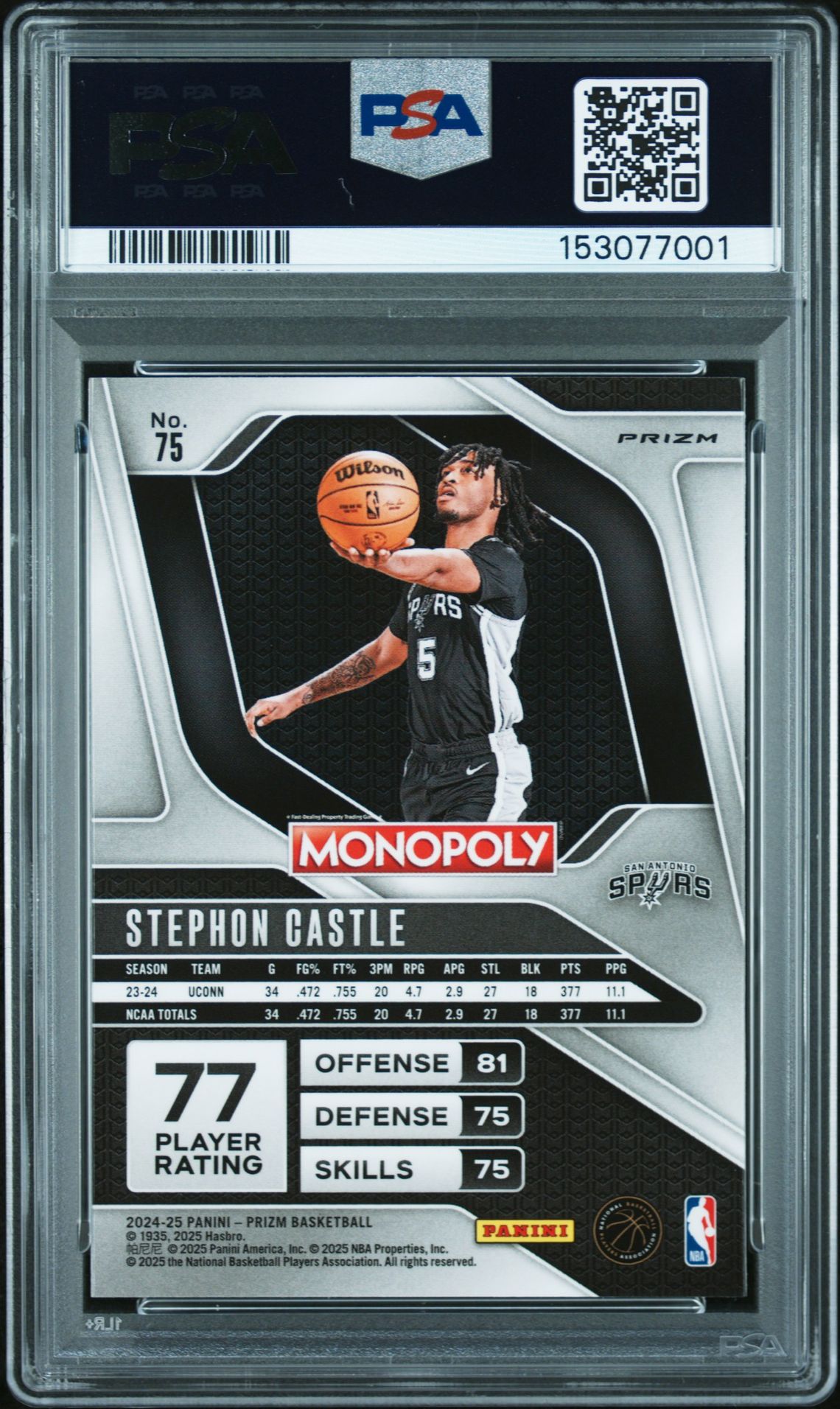 2024 Panini Prizm Monopoly Stephon Castle #75 (Silver) Gem Mt 10 back view - PSA certificate #153077001