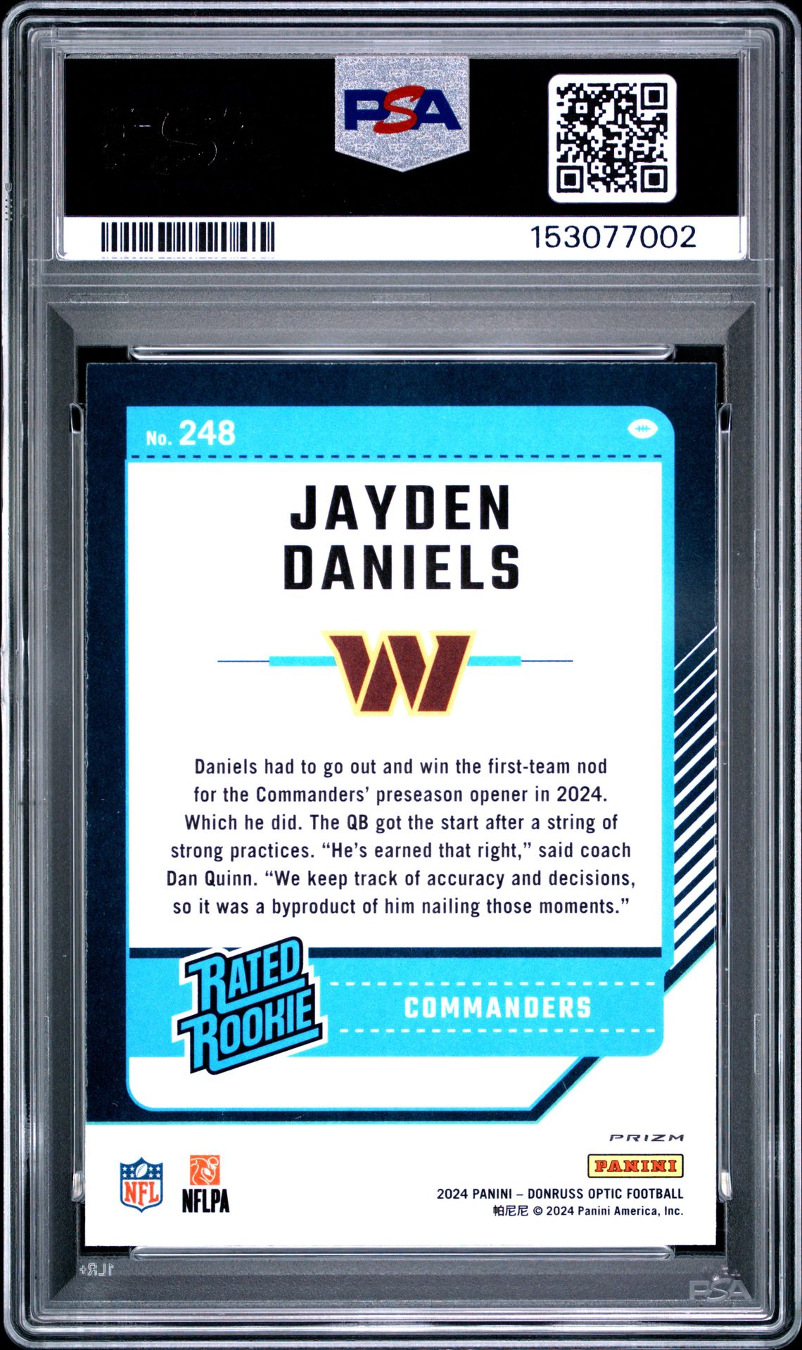 2024 Panini Donruss Optic Jayden Daniels #248 (Pink) Gem Mt 10 back view - PSA certificate #153077002
