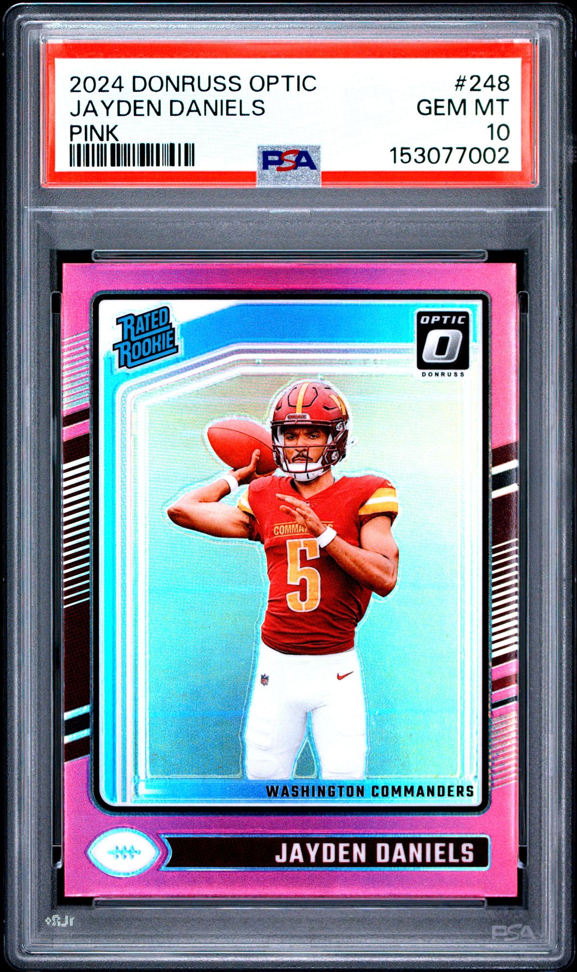 2024 Panini Donruss Optic Jayden Daniels #248 (Pink) Gem Mt 10 front view - PSA graded GEM MT 10