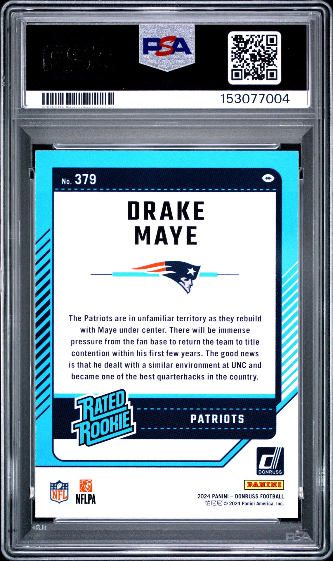 2024 Panini Donruss Drake Maye #379 Gem Mt 10 back view - PSA certificate #153077004