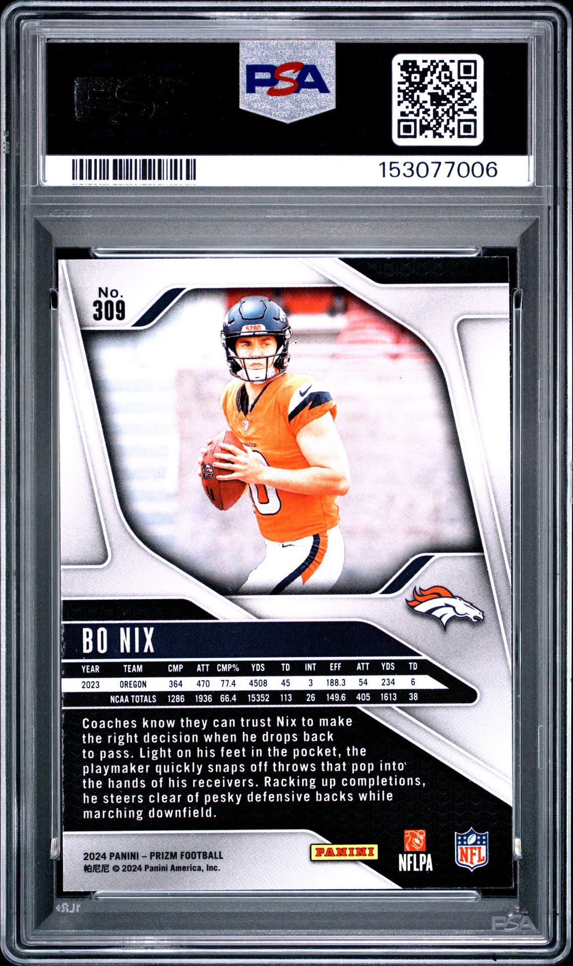 2024 Panini Prizm Bo Nix #309 Mint 9 back