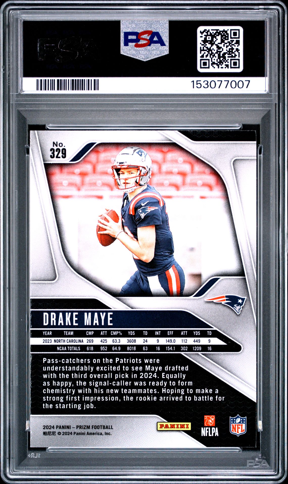 2024 Panini Prizm Drake Maye #329 Gem Mt 10 back view - PSA certificate #153077007