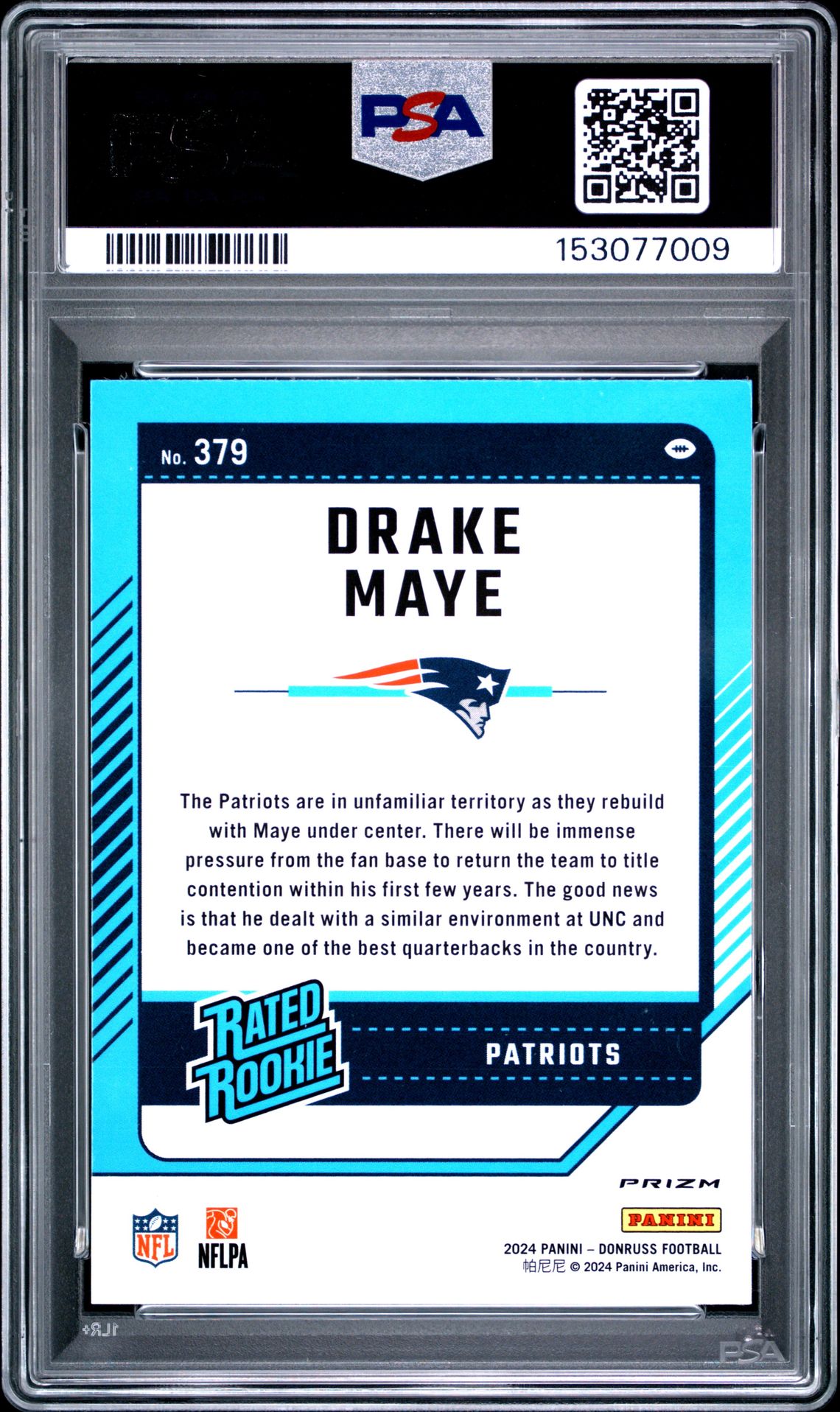 2024 Panini Donruss Drake Maye #379 (Optic Preview-Pink) Mint 9 back