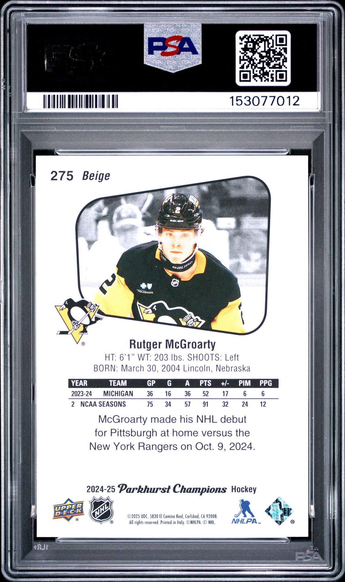 2024 Upper Deck Parkhurst Champions Rutger Mcgroarty #275 (Beige) Gem Mt 10 back