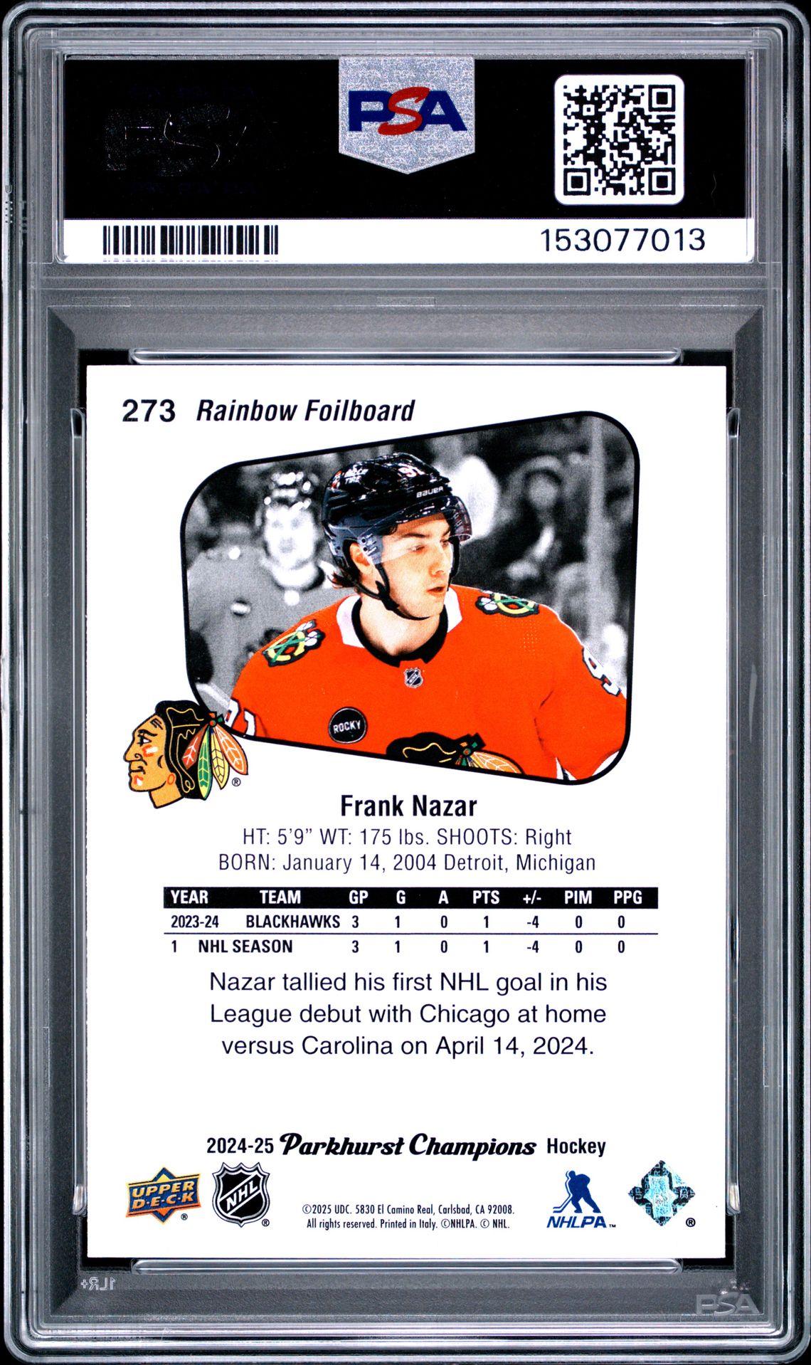 2024 Upper Deck Parkhurst Champions Frank Nazar #273 (Rainbow Foil Board) Gem Mt 10 back